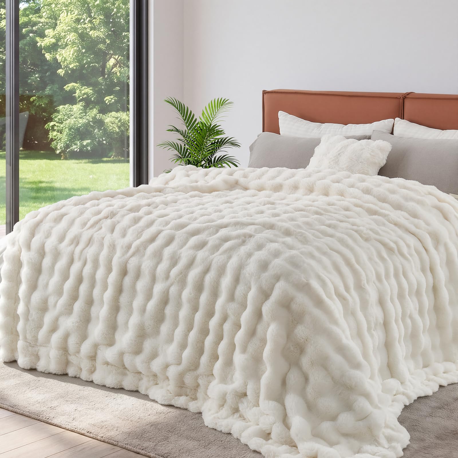 Photo 1 of Lotus Karen Queen Faux Fur Blanket - Cream White Bubble Rabbit Fluff