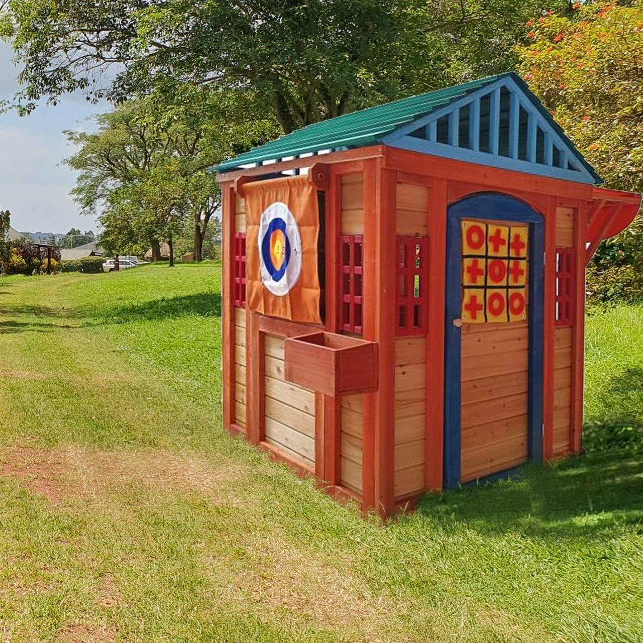 Outdoor Playhouse for Age 3-8 Years Boy Girl, Wooden Cottage Playhouse with 4 Game Awning Window, Ball Wall. Play House for Outdoor Garden, Lawn, Patio, Yard.