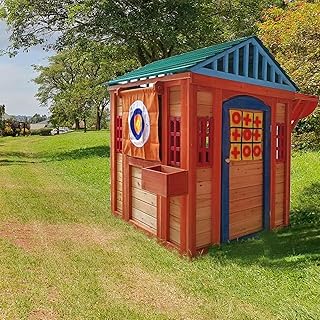 Outdoor Playhouse for Age 3-8 Years Boy Girl, Wooden Cottage Playhouse with 4 Game Awning Window, Ball Wall. Play House for Outdoor Garden, Lawn, Patio, Yard.