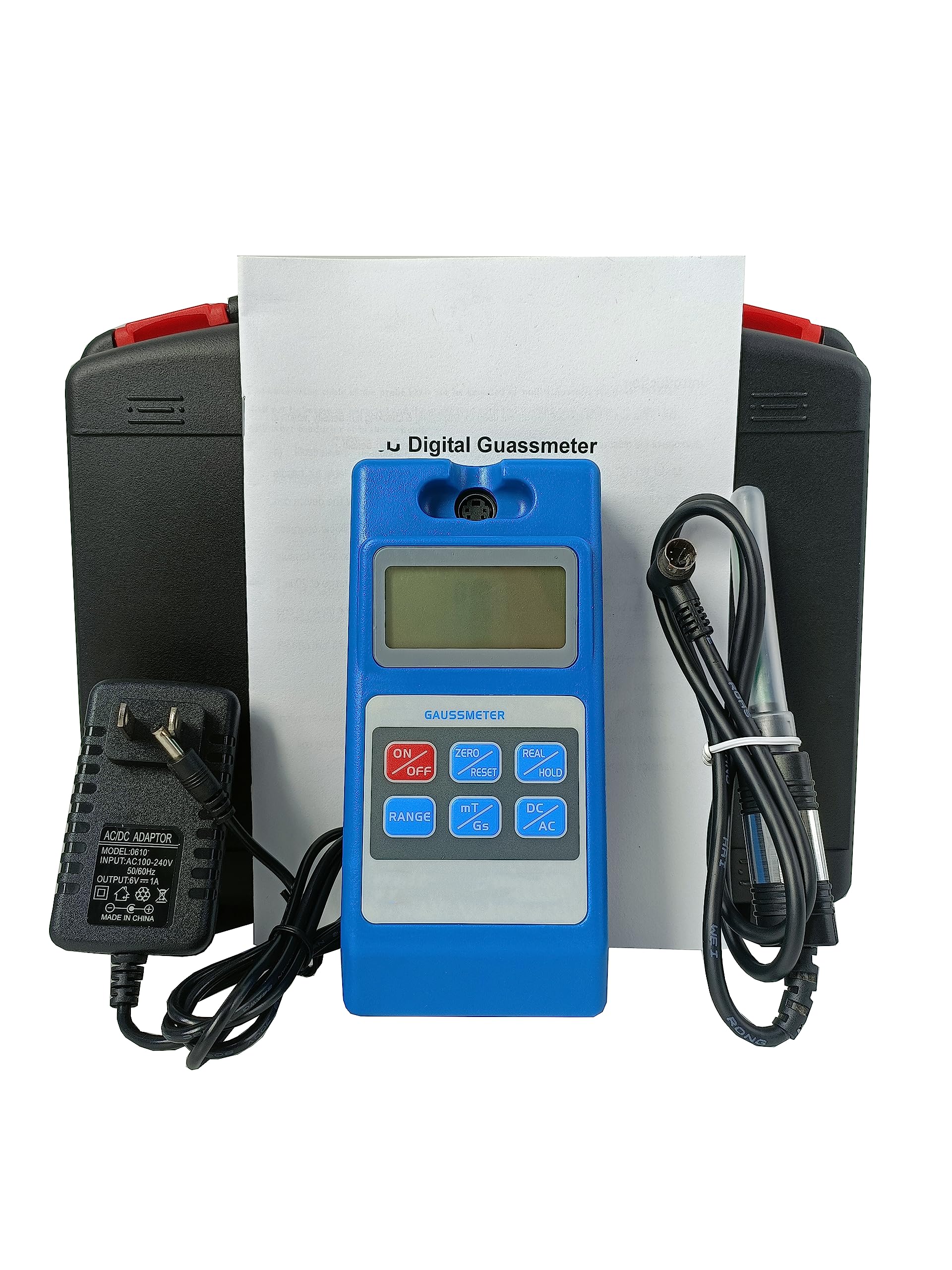 Przód view of the VTSYIQI WT10C Digital Gauss Meter showing its LCD display and control buttons