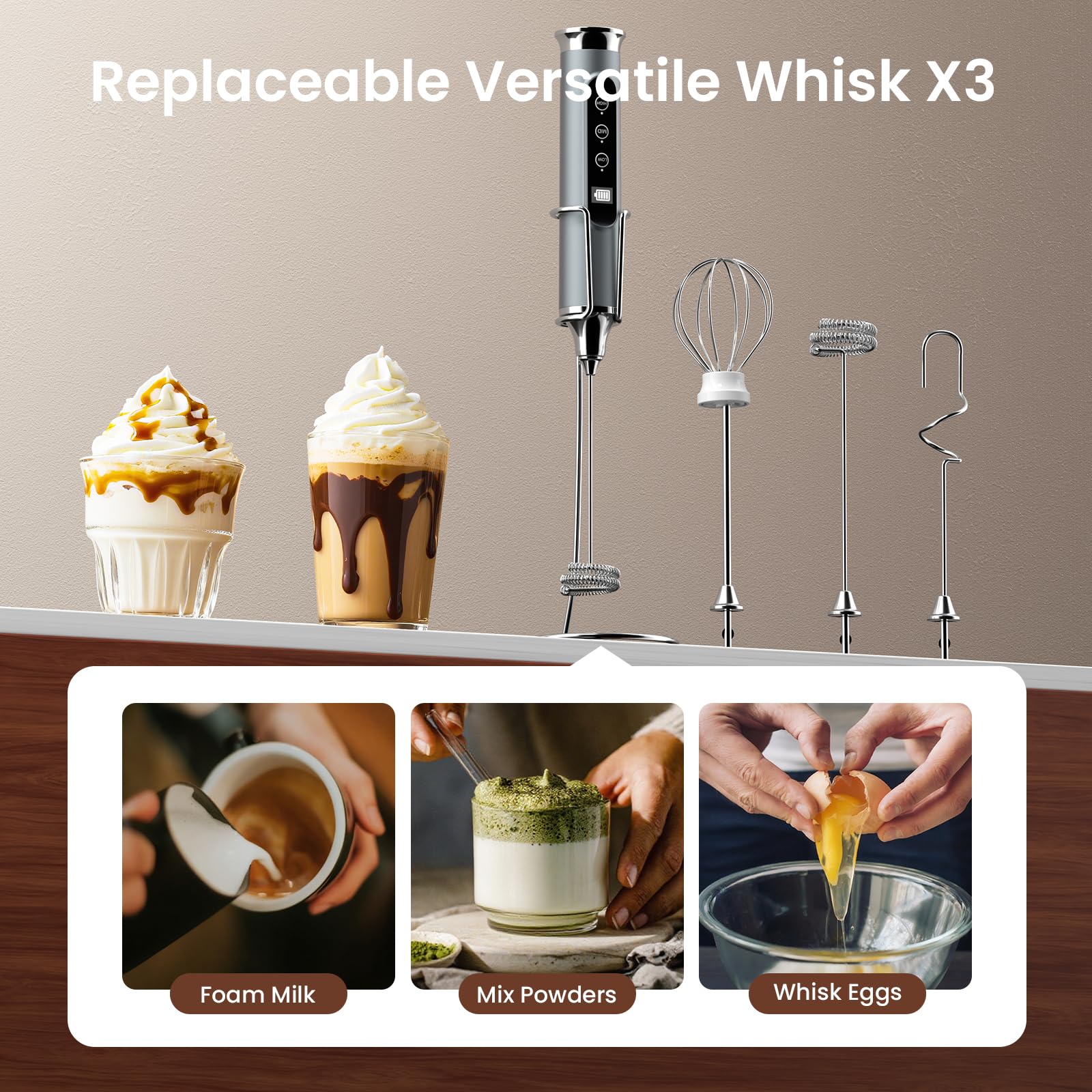 YUSWKO Varita espumadora de leche plateada para café con soporte, espumador de café de mano, mezclador de bebidas recargable, batidor eléctrico impermeable