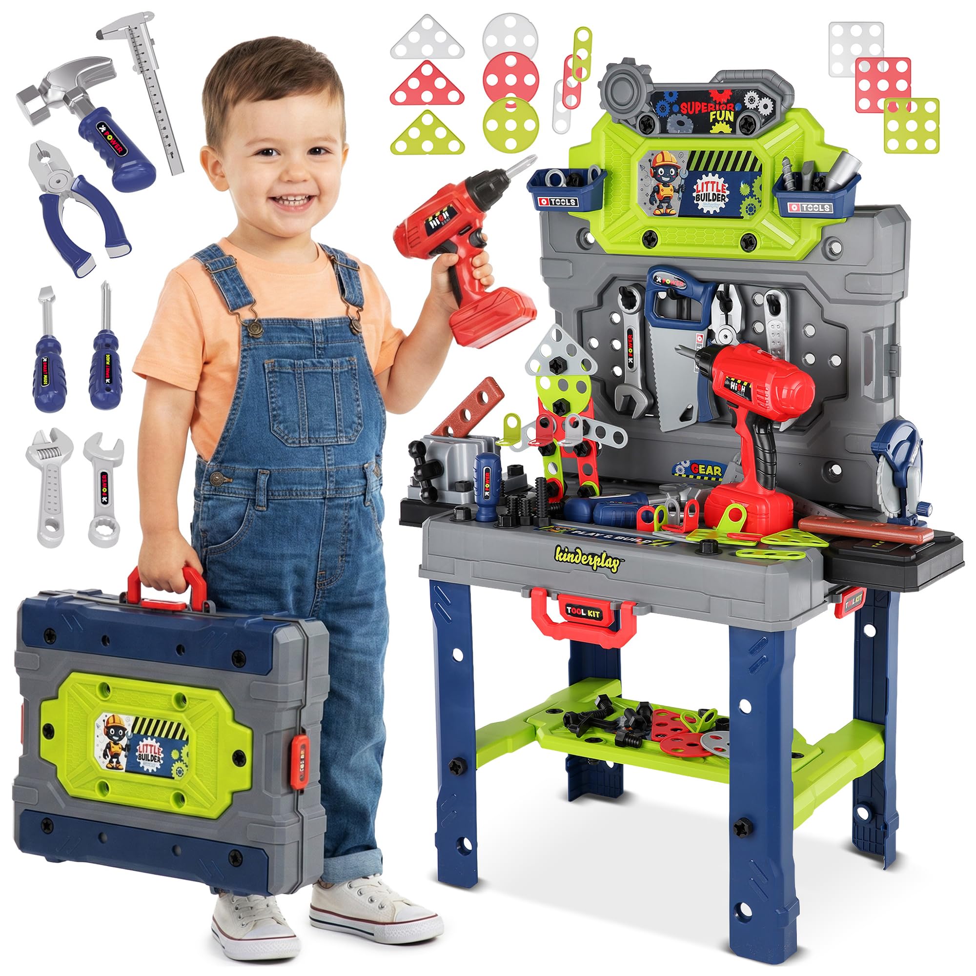 Kinderplay Établi pour Enfants 132 pièces avec kit d'outils et perceuse, Atelier pour Enfants à partir de 3 Ans, Mallette 2 en 1, Banc à Outils, Jouet pour garçons et Filles