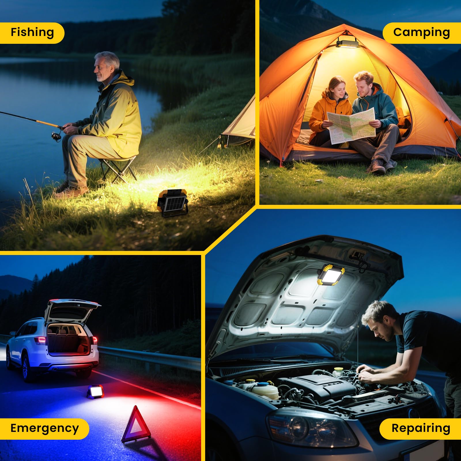 MEIKEE Luz de Trabajo Recargable Solar/USB-C 20000mAh, 2 Brillos + 3 Temperaturas Color + SOS Rojo/Azul, IP66, Powerbank, Base Magnética, Rosca Trípode, Foco para Construcción, Camping, Emergencias