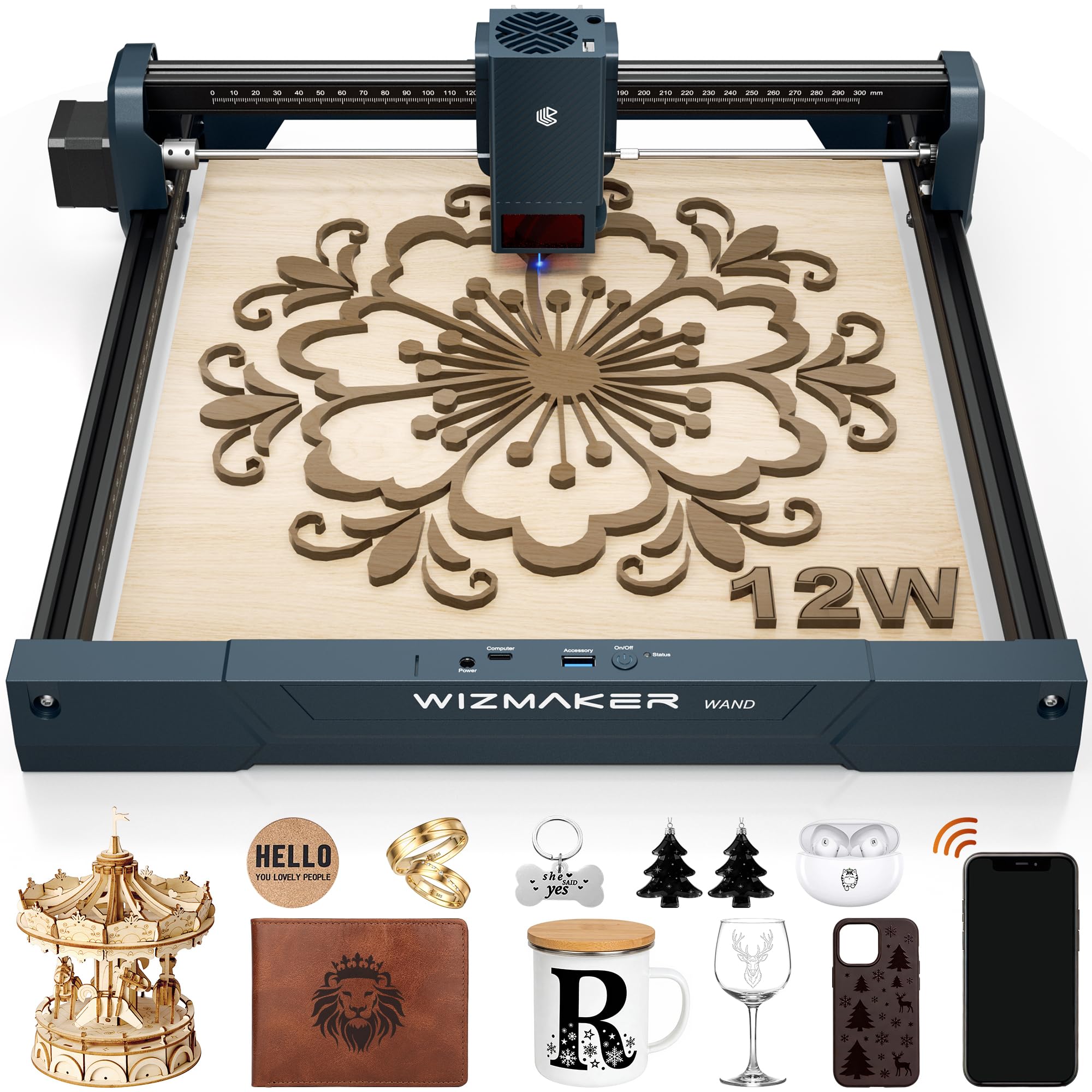 Amazon.com: WIZMAKER Wand 12W Laser Engraver, 300×300mm High-Power