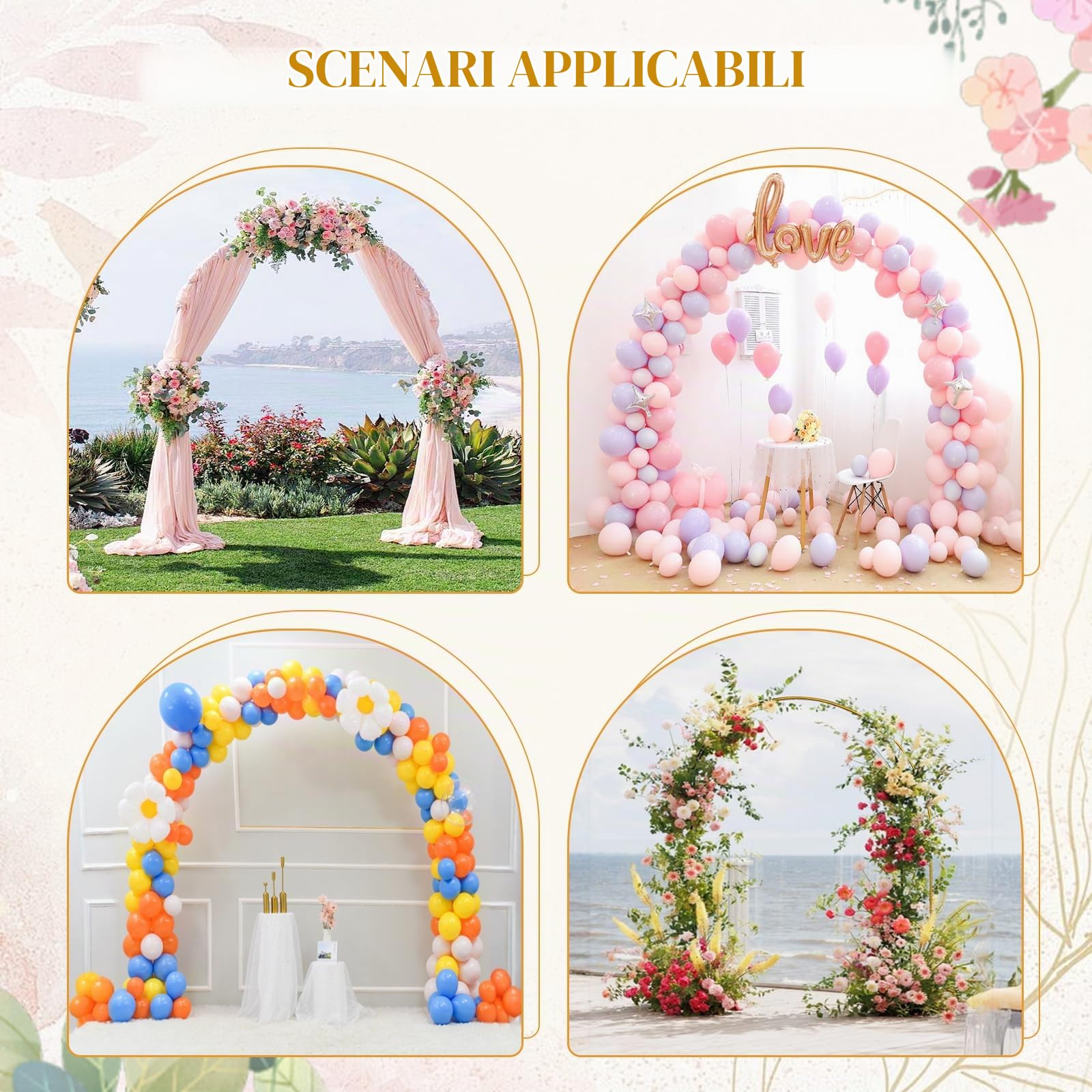 Arco per Matrimonio in Metallo Dorato 2,4 x 2,8 m con 2 Sacchi d'Acqua Zavorrati, Arco Palloncini Rotondo Decorativo per Nozze, Compleanni, Baby Shower e Set Fotografico