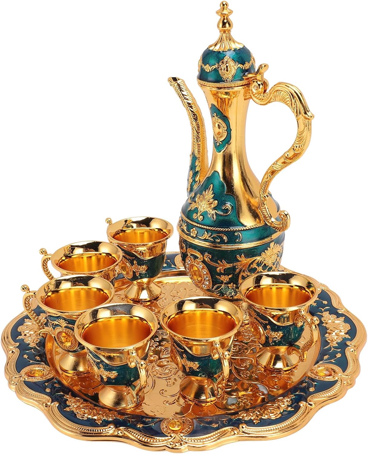 Vintage European Coffee Pot Set - Elegant Relief Craftsmanship - 6 Cups Teapot Tea Service - Wedding & Birthday (Gold Red)