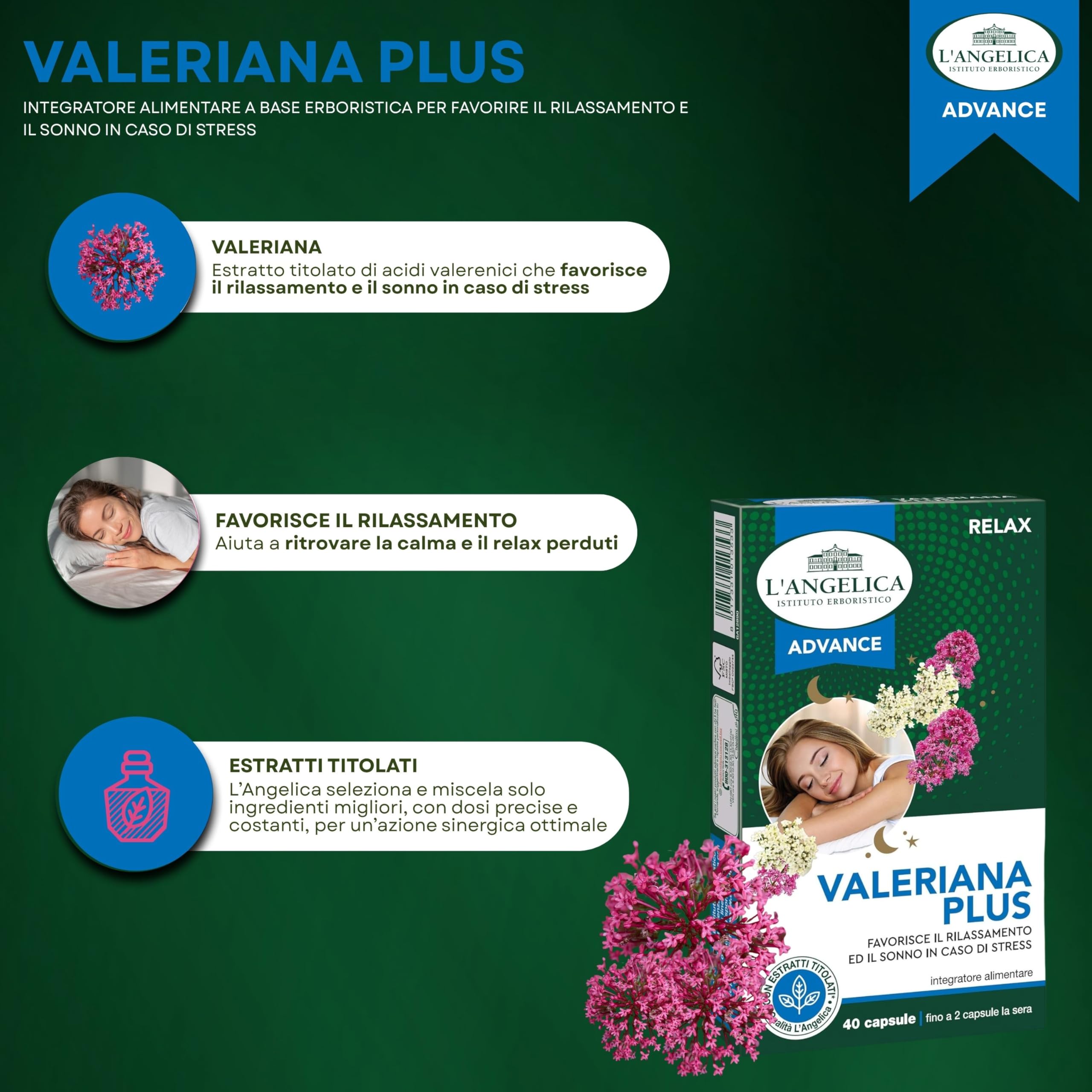 L'Angelica Advance, Valeriana Plus, Integratore Rilassante, Con Valeriana, Vegano, Senza Lattosio, 1 Confezione da 40 Capsule