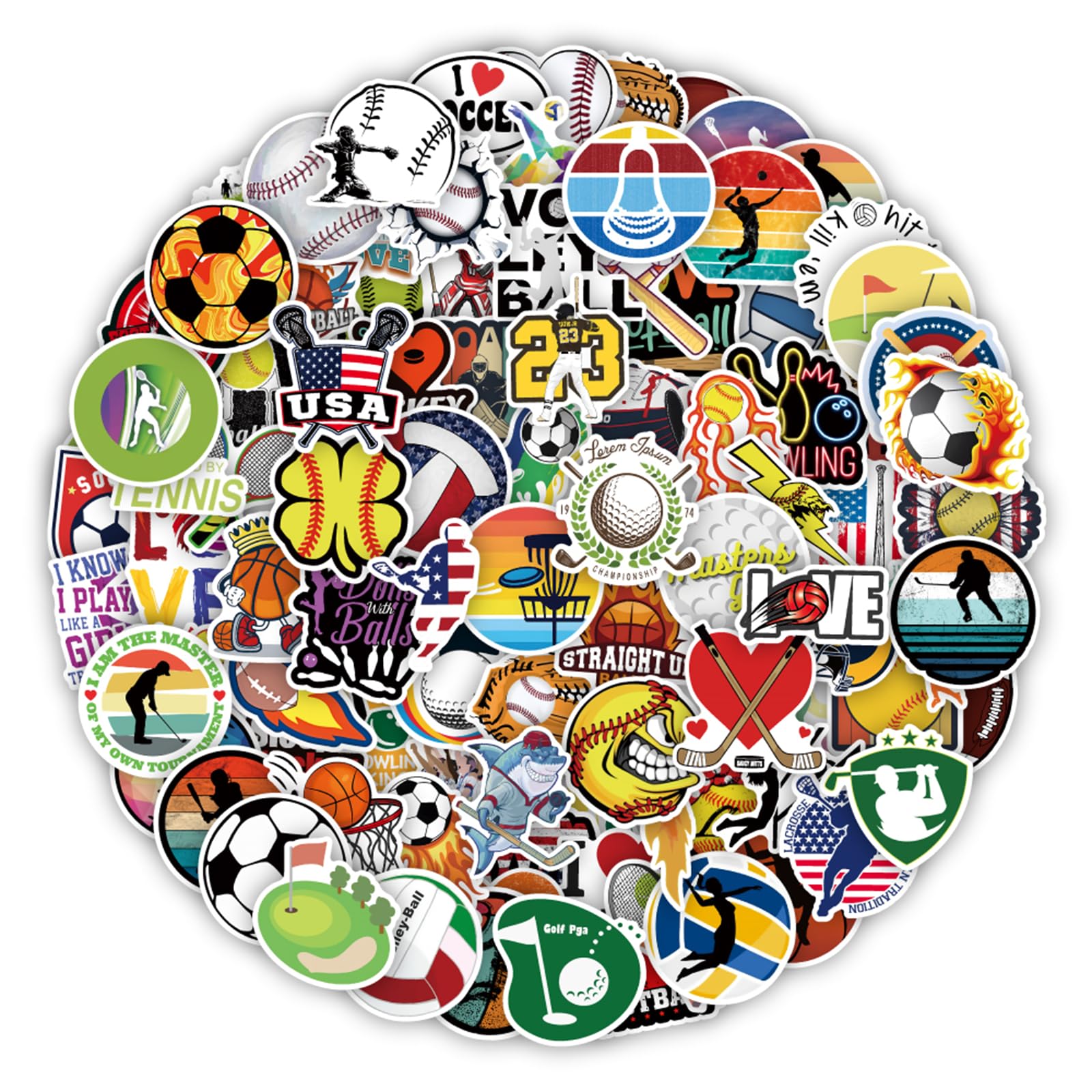 100PCS Ball Stickers, Vinyl Sports Stickers Soccer Baseball Softball Tennis Lacrosse Water Bottle Sticker Pack, Ball Sports Gifts for Sport Lovers, Softball Party Favors, Soccer Decorations (mix100)