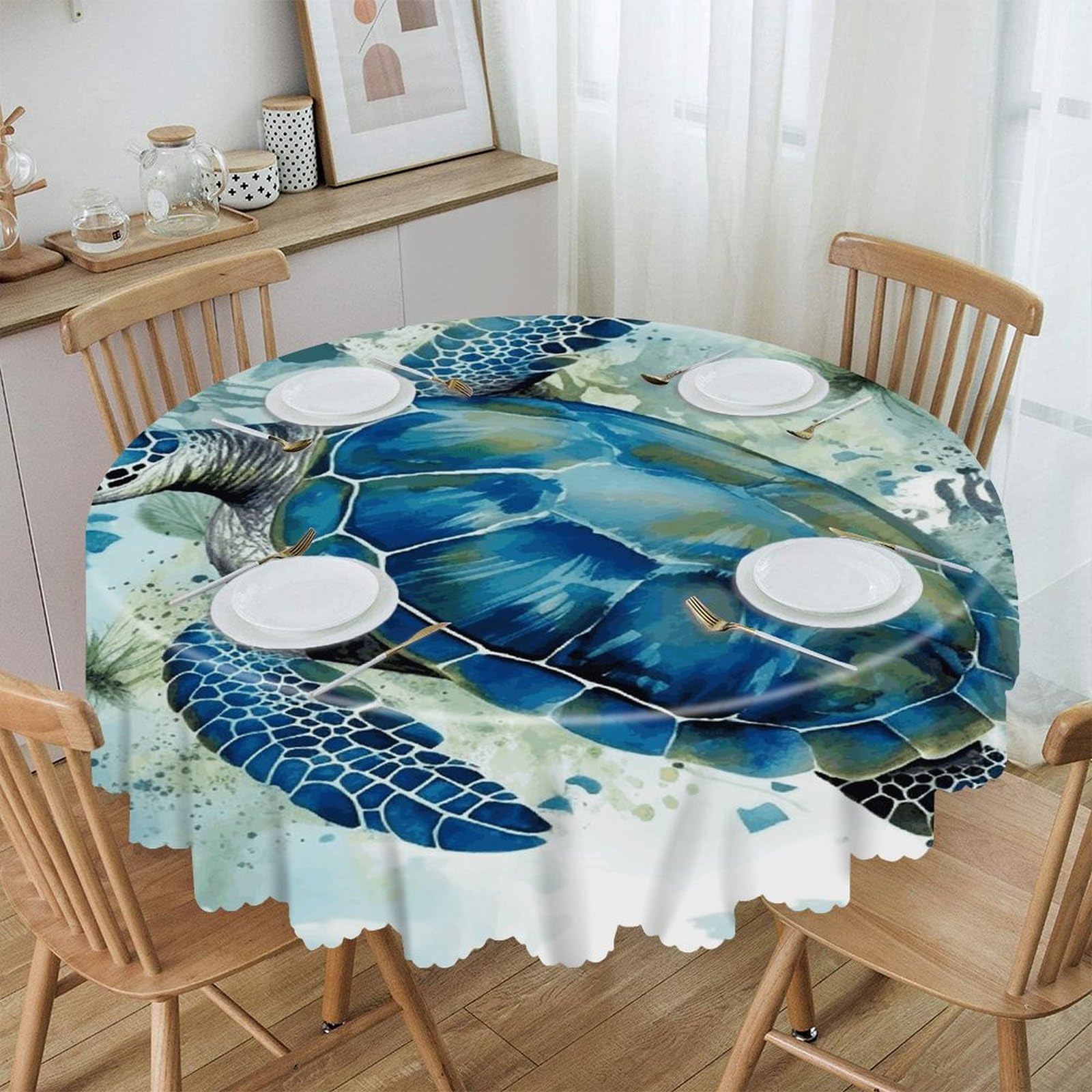 FekiLoot Sea Turtle-Blue Round Tablecloths 60 Inch Resistant Washable Polyester Table Cloth Style Decorative Circle Fabric Table Cover for Dining Kitchen Party Farmhouse Outdoor