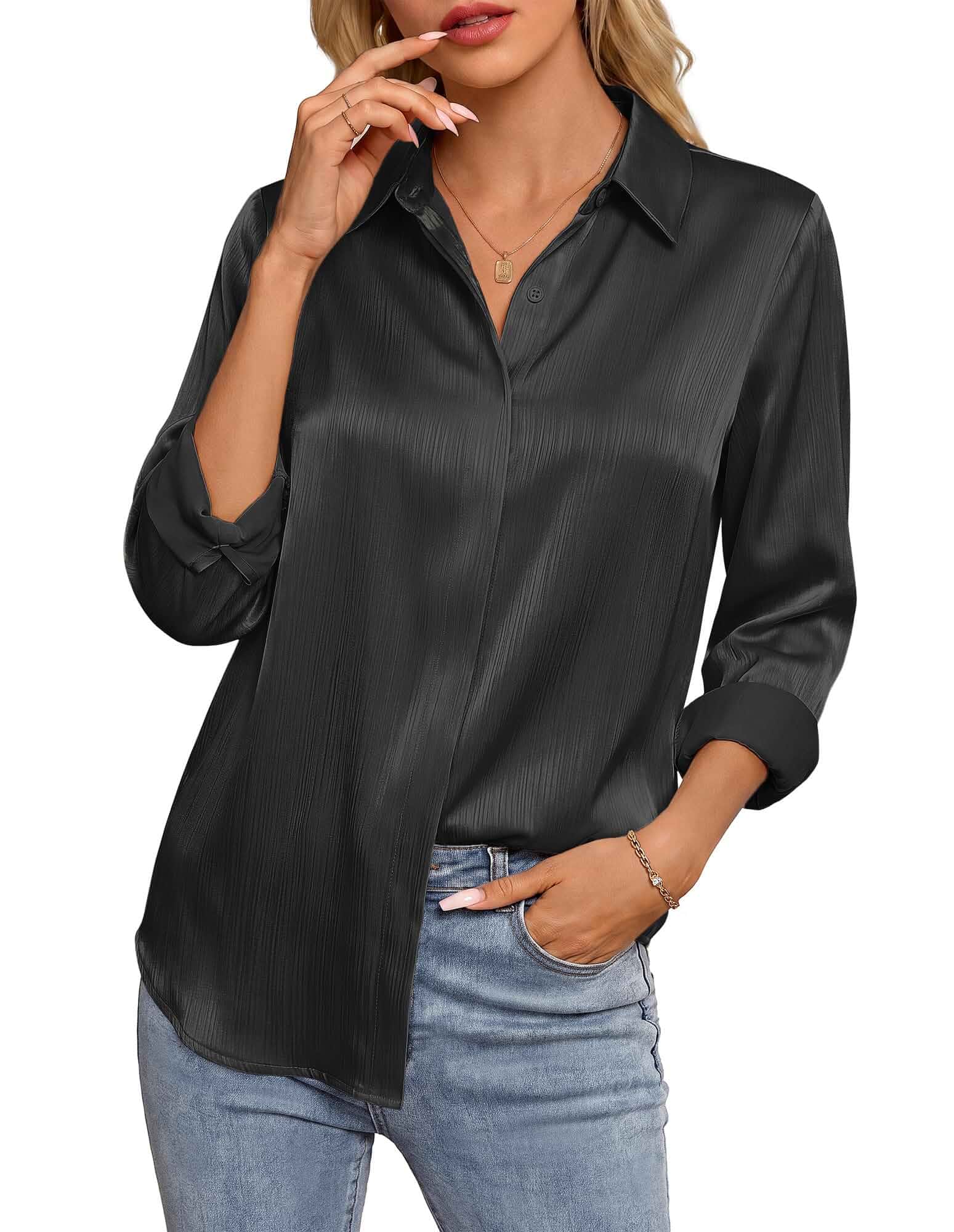 GRACE KARIN 2026 Womens Silky Satin Button Down Shirts Long Sleeve Work Blouses Dressy Casual Tops