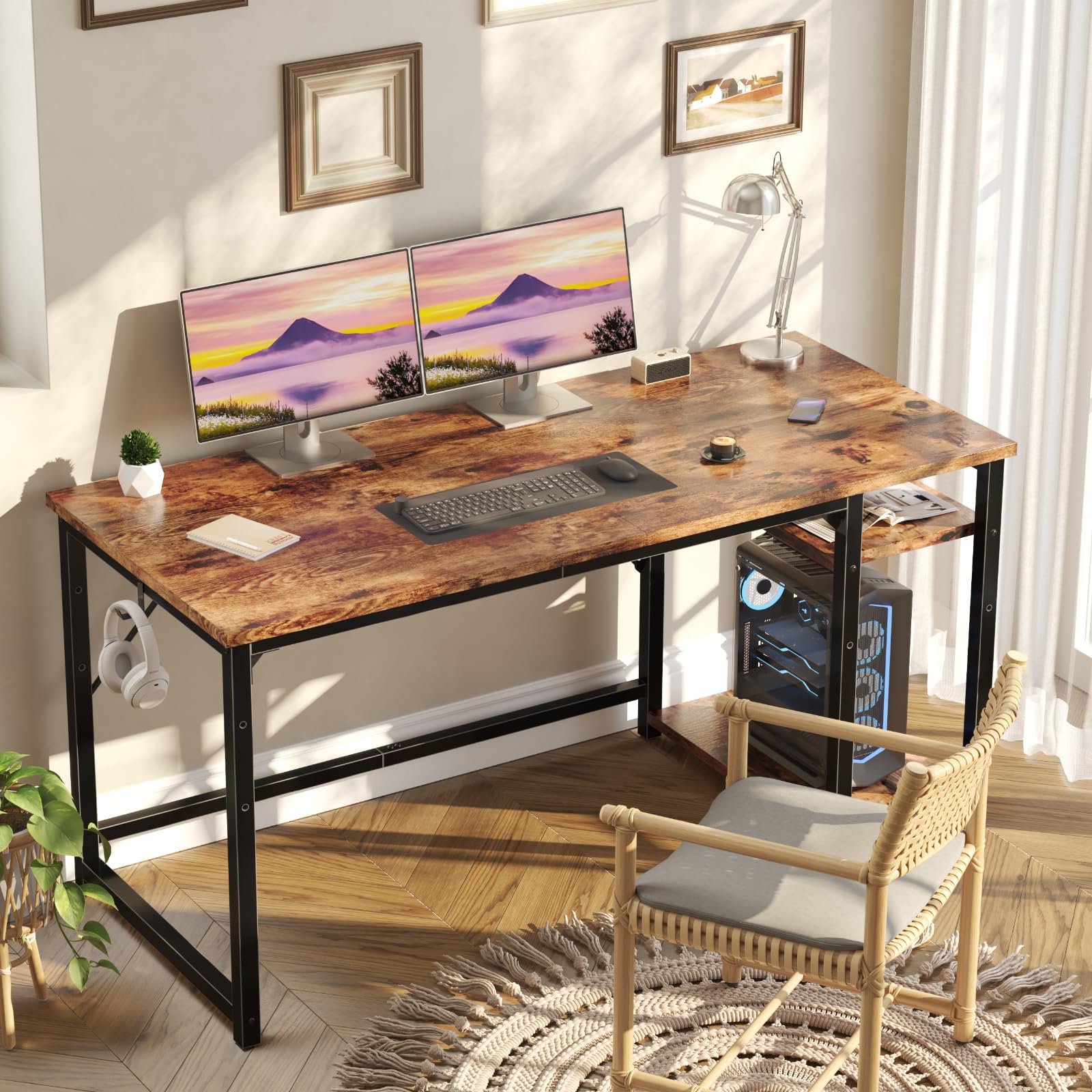 JUMMICO Scrivania 140 x 50 cm, Scrivania per Computer Scrittoio con 2 Ripiani a Sinistra o Destra, Separatore Regolabile, Tavolo da Lavoro Piano di Lavoro, Adatta per l'ufficio o il Soggiorno