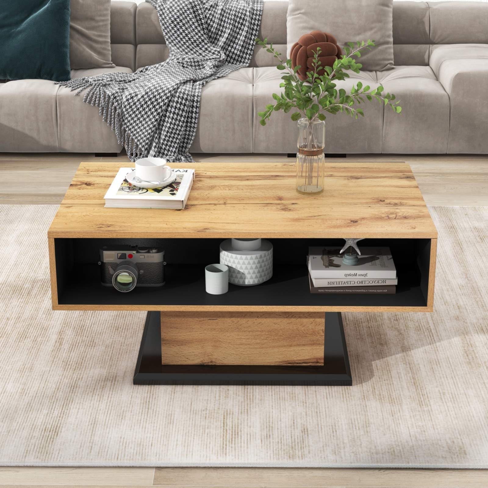 Table Basse Moderne - Table Basse Avec éclairage LED Et Tiroirs - Compartiments De Rangement Ouverts Blanc