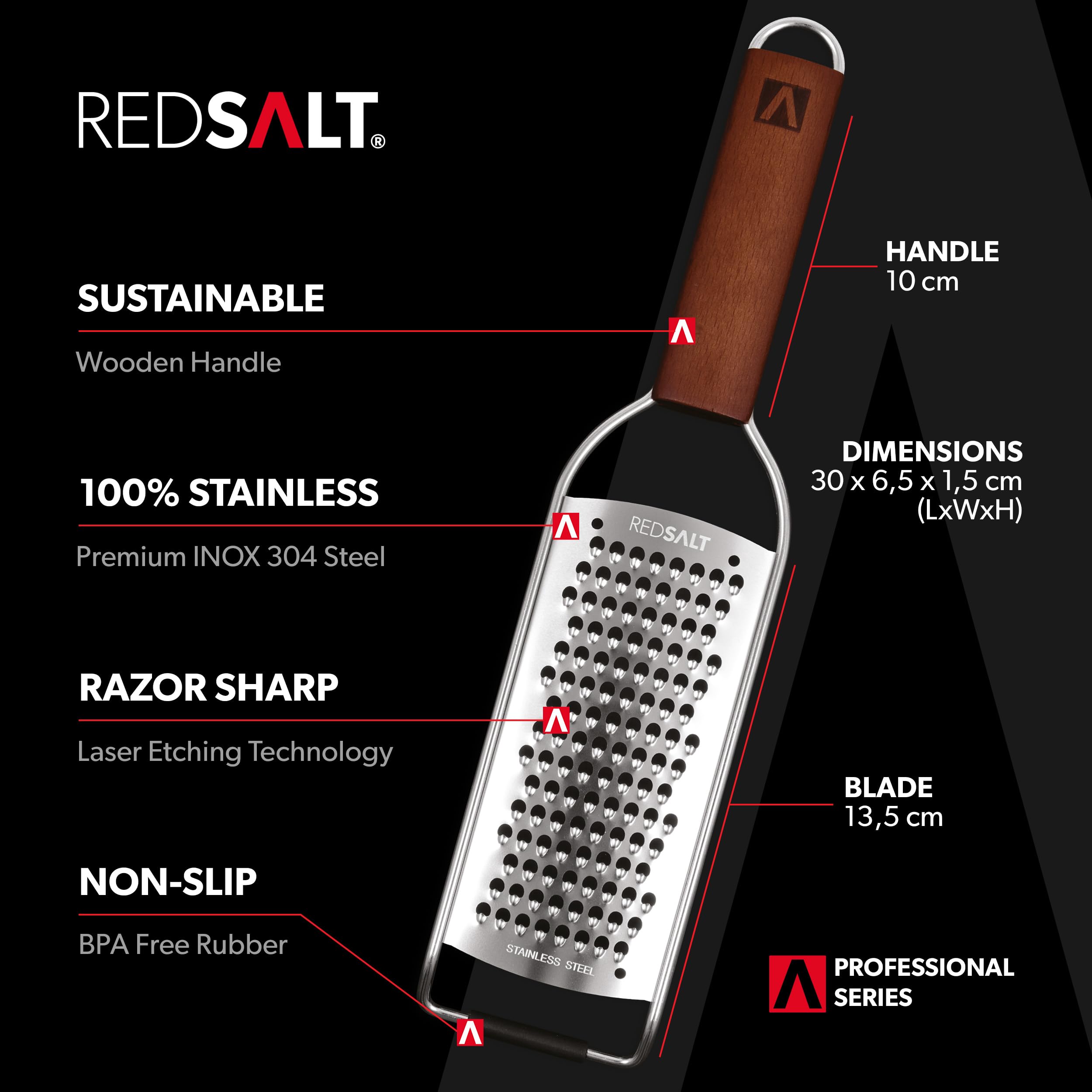 REDSALT® Premium Coarse Julienne Grater INOX 304 18/10 Stainless Steel rasp Wooden Handle for Cheese pecorino Parmesan Vegetable Carrot Potato Zucchini Celery - Image 2