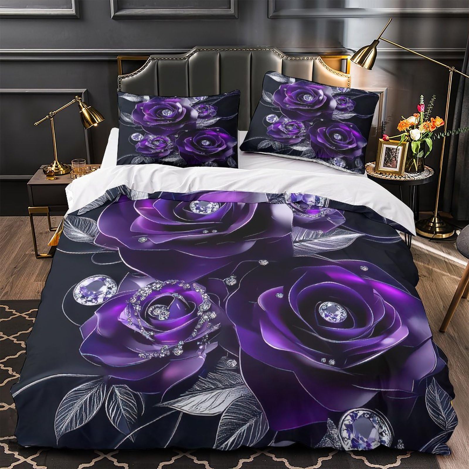 Housse de Couette Roses Violettes Hypoallergénique et Légère avec 2 Taies d'Oreiller