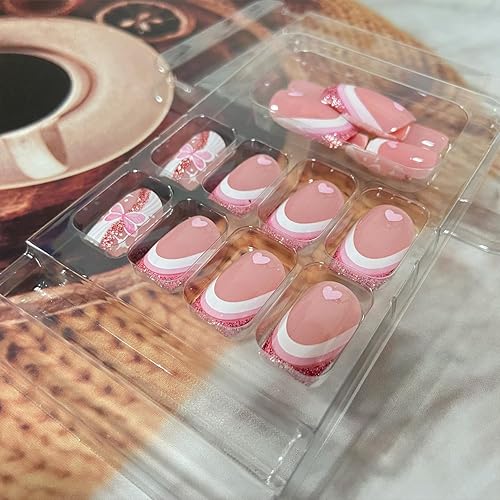 Miniatura 6 de Uñas postizas a presión de punta francesa blanca con diseño de purpurina, uñas postizas cuadradas de longitud media, uñas postizas de corazón de