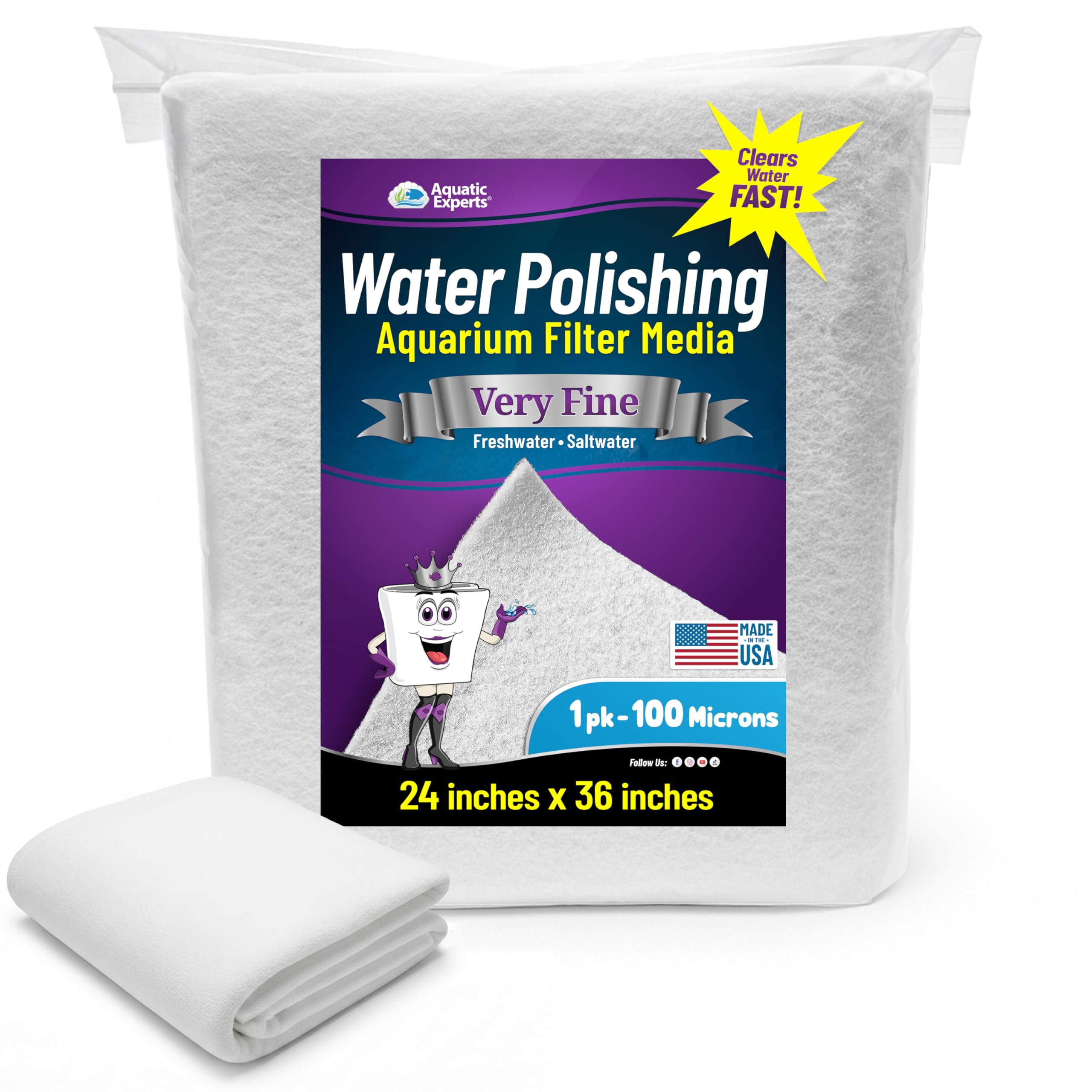Aquatic Experts Aquarium Polishing Filter Pad, Water Polishing Pad for Aquarium Filters, Filter Floss for Fish Tank Filters, (100 Micron, 24" x 36" - 1 Pack)