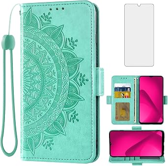 Asuwish Phone Case for T-Mobile Revvl 7 5G Wallet Cover Tempered Glass Screen Protector Credit Card Holder Flip Wrist Strap Cell Accessories Tmobile Revvl7 T Mobile Revel Tmo Revell Rebel Women Green
