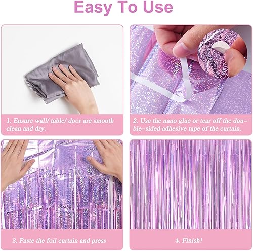 Miniatura 4 de RUBFAC 3 cortinas de telón de fondo con flecos de purpurina rosa de 3.3 x 8.2 pies, serpentinas de oropel, decoración de fiesta de cumpleaños, telón