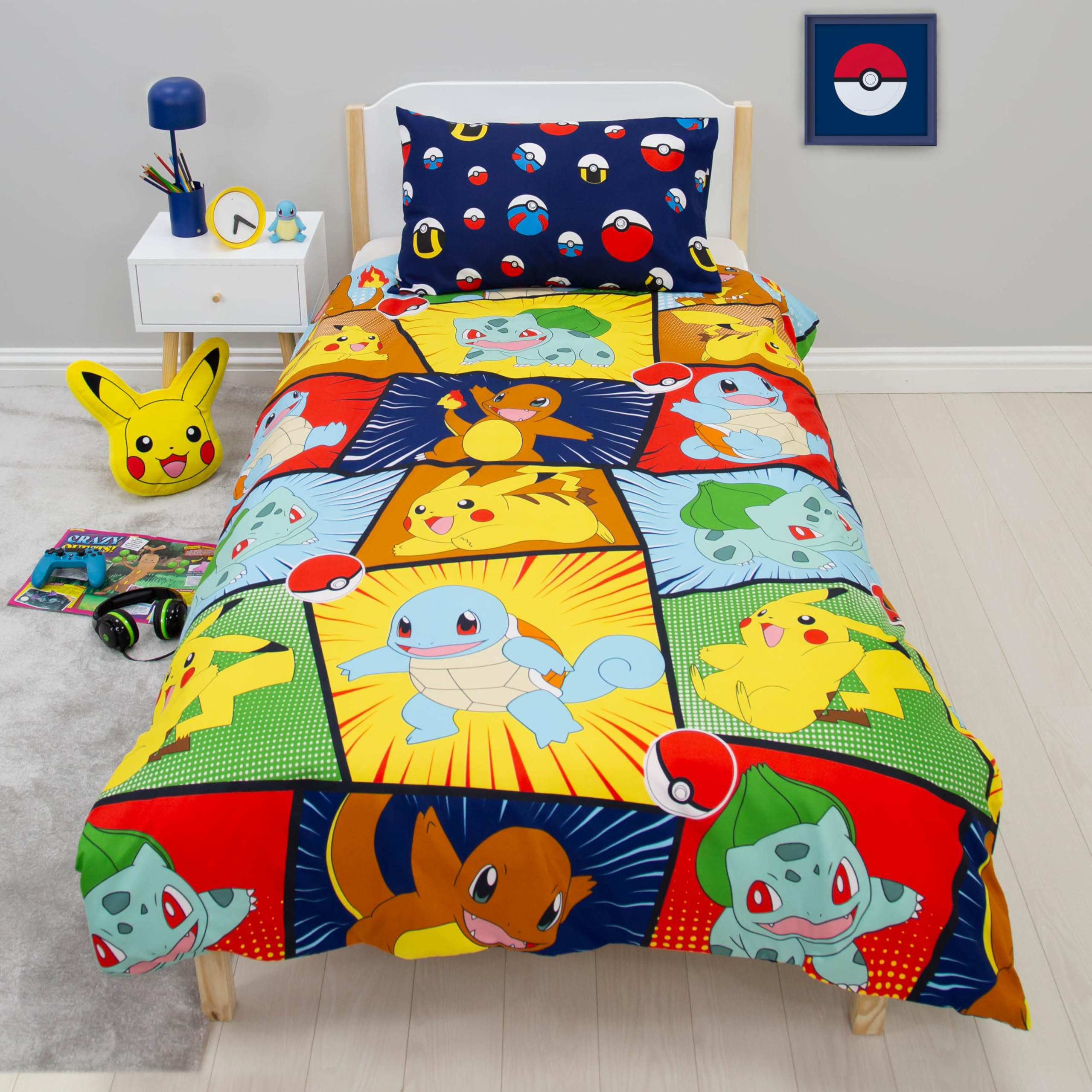 Set copripiumino singolo per bambini, con licenza ufficiale, motivo Pikachu, Bulbasaur, Charmander, Squirtle, reversibile, 2 lati, con federa coordinata, set per letto singolo per bambini