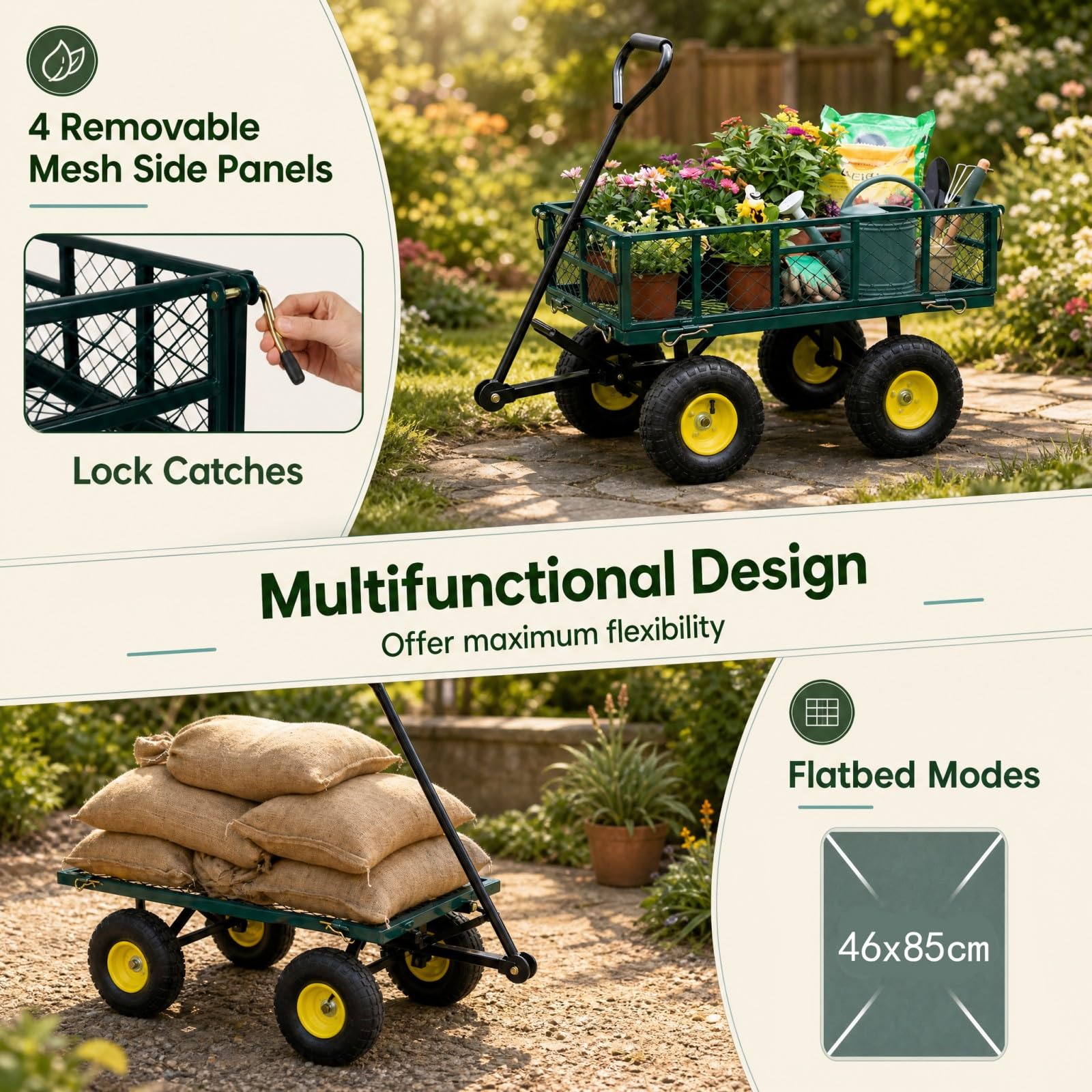 HOMASIS Carrello da Giardino Portatutto con 4 Ruote Grandi, Maniglia Regolabile, Rete Rimovibile, Fodera, Carretto Trasporto Porta Attrezzi, Carriola a Mano per Spiaggia, Campeggio, Portata 410 kg