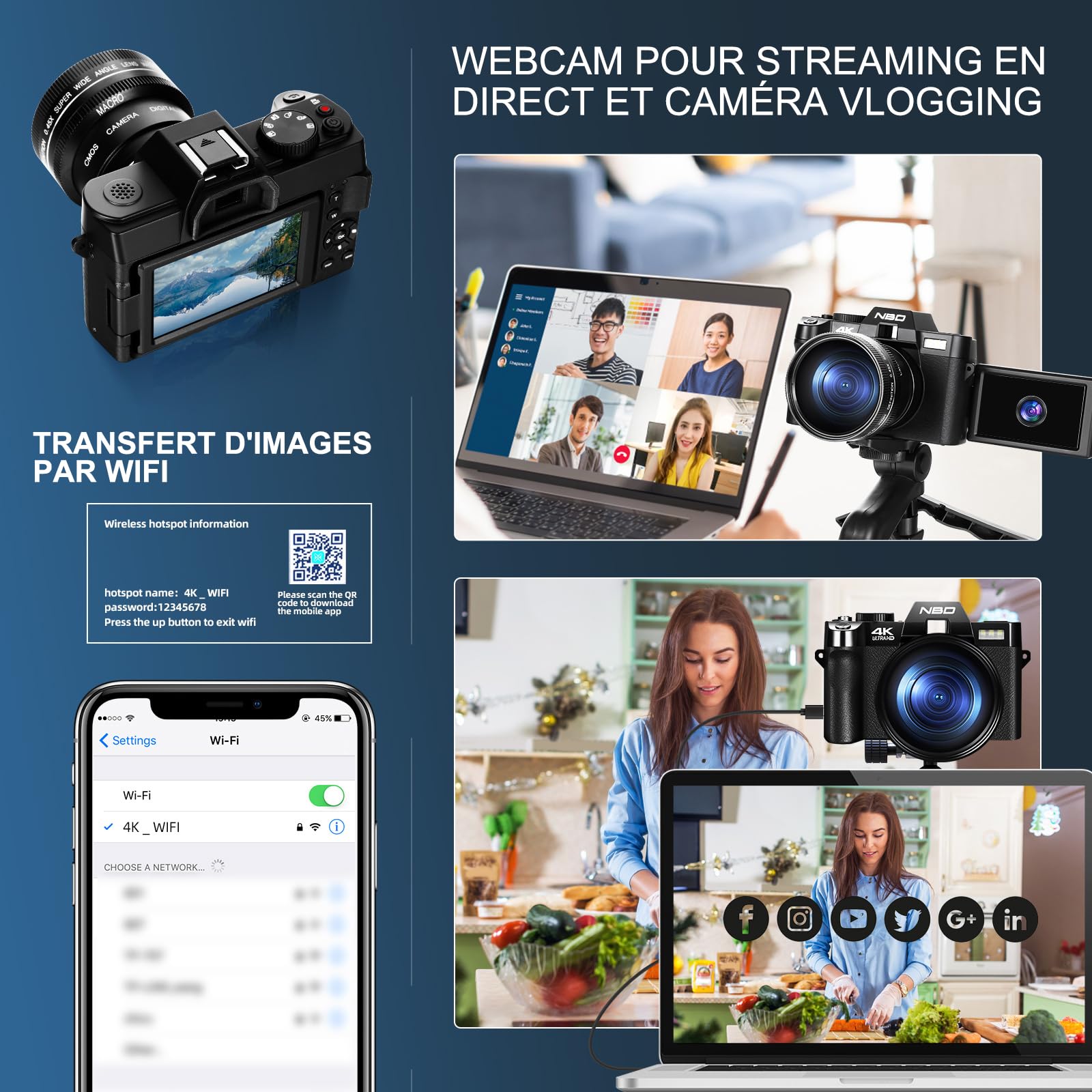 NBD Appareil Photo numérique 4K 48 MP autofocus avec Grand Angle et Macro, Zoom 16x, Carte 32 Go et Microphone, Écran IPS 3" 180°, WiFi (Noir)