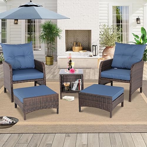 Miniatura 3 de Furnimy Balcony Furniture - Juego de 5 sillas de mimbre para patio al aire libre con otomana de mimbre de polietileno con cojines extraíbles para