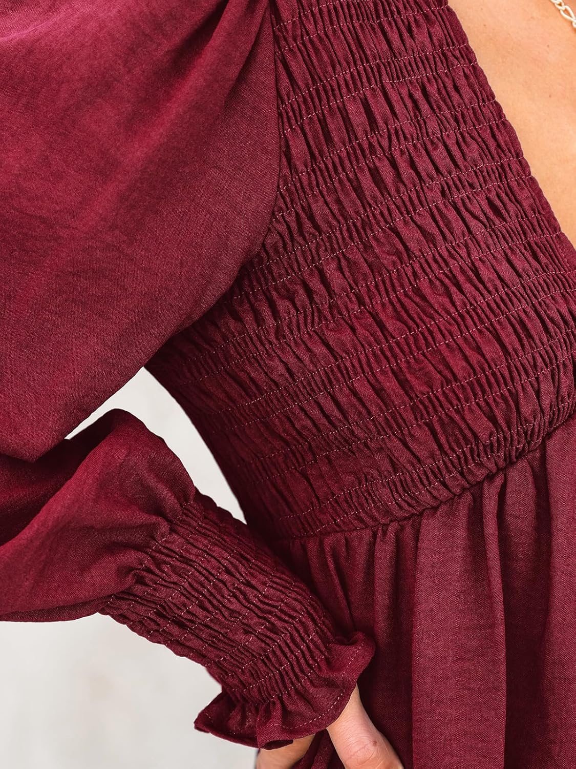 CUPSHE Women's Mini Dress Smocked V Neck Long Sleeve Empire Waist Casual A Line Dress - Image 4