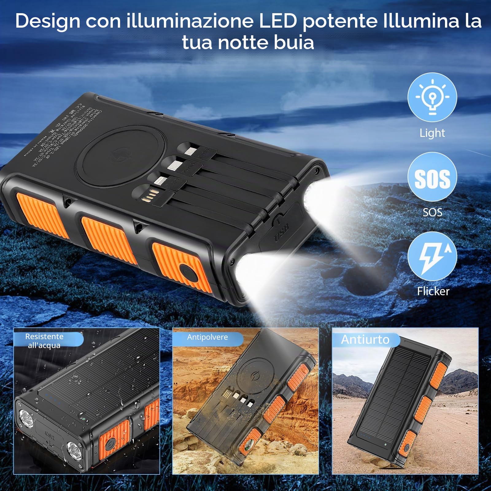 Power Bank Wireless Solar 26800 mAh con 4 cavi, generatori esterni, 3 A, ricarica rapida, 6 ingressi e 3 uscite, luce di emergenza a LED e bussola, pannello solare impermeabile anti-caduta per viaggi
