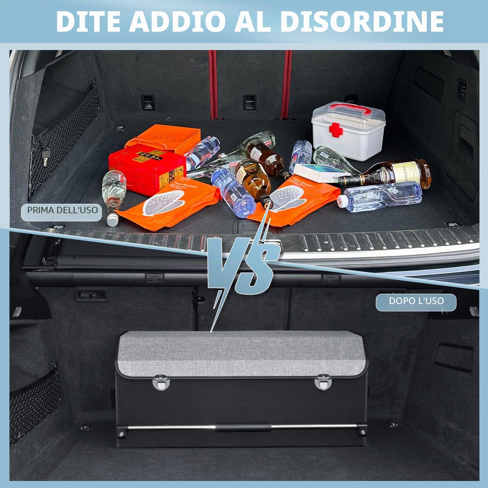 Organizer Bagagliaio Auto, Maniglia Push-pull, Cuoio Pieghevole 2 Scomparti Organizer Auto Bagagliaio, Adatto per Tutti i Tipi di automobile, SUV, Minivan (Grigio)