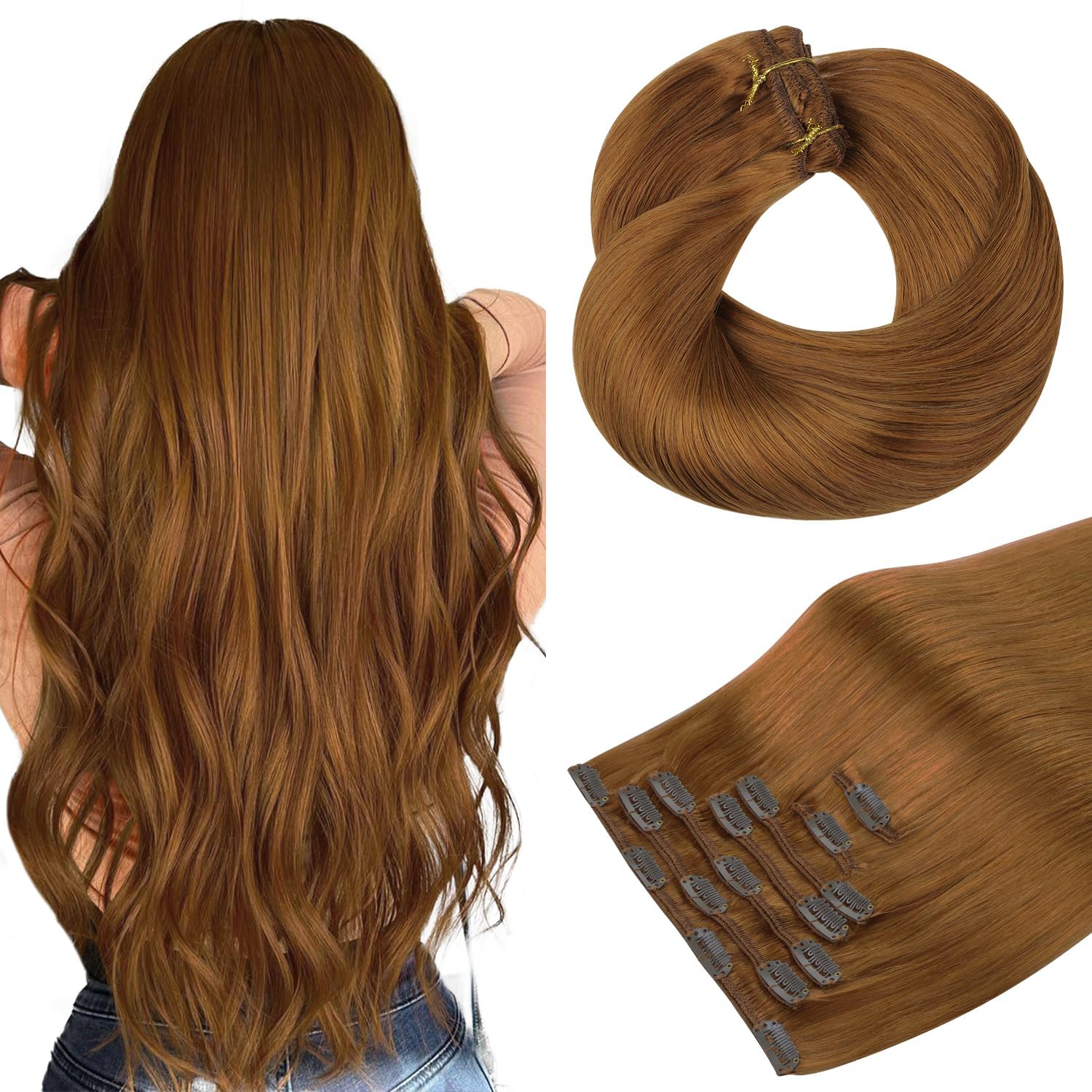 HOTBANANA Human Hair Clip in Hair Extensions, Copper 120g Clip in Hair Extensions Real Human Hair Straight Remy Hair Clip in Hair Extensions 14 Inch