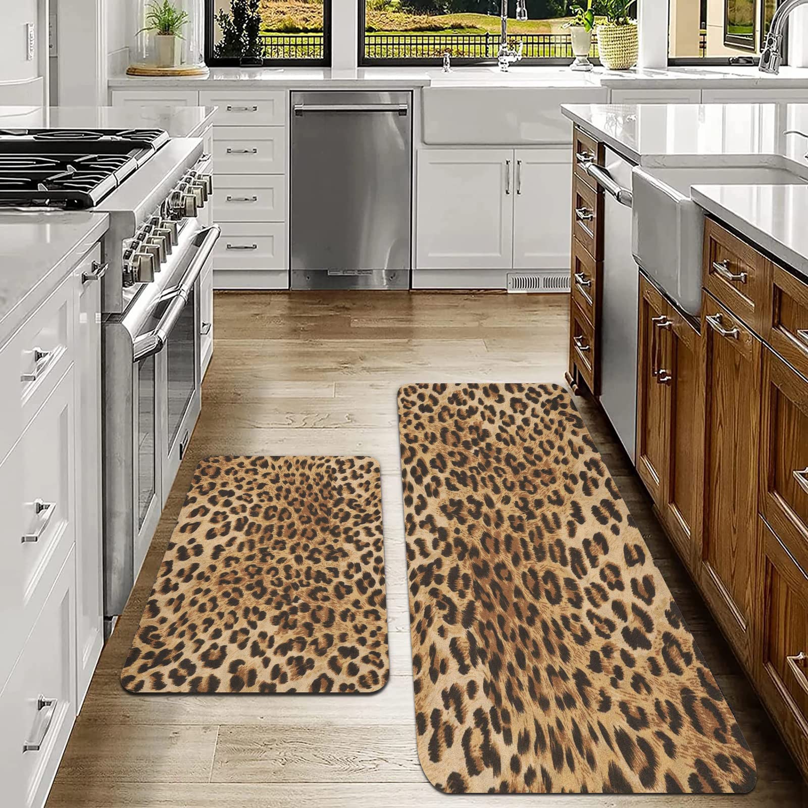 Lot de 2 Tapis de Cuisine antidérapants,Motif de peau imprimé léopard d'un animal sauvage de la savane Panthère puis,Absorbe l'eau et l'huile, Résistant à la poussière Tapis de Cuisine,40x60+40x120 cm