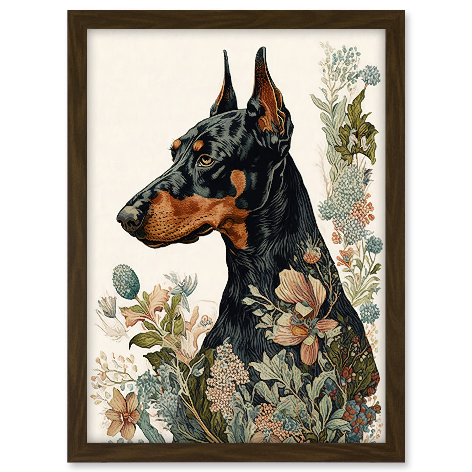 Artery8 Doberman Dog with Wild Flowers Boho Watercolour Illustration Artwork Framed A3 Wall Art Print