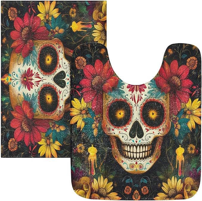 ALAZA Sugar Skull and Flowers Bathroom Mats Set, 2-Piece Set, Rectangle Bath Mat 16 x 24 inch and U-Shaped Toilet Mat 20x24 inch,Non-Slip Absorbent Soft Bathroom Rug Floor Mats