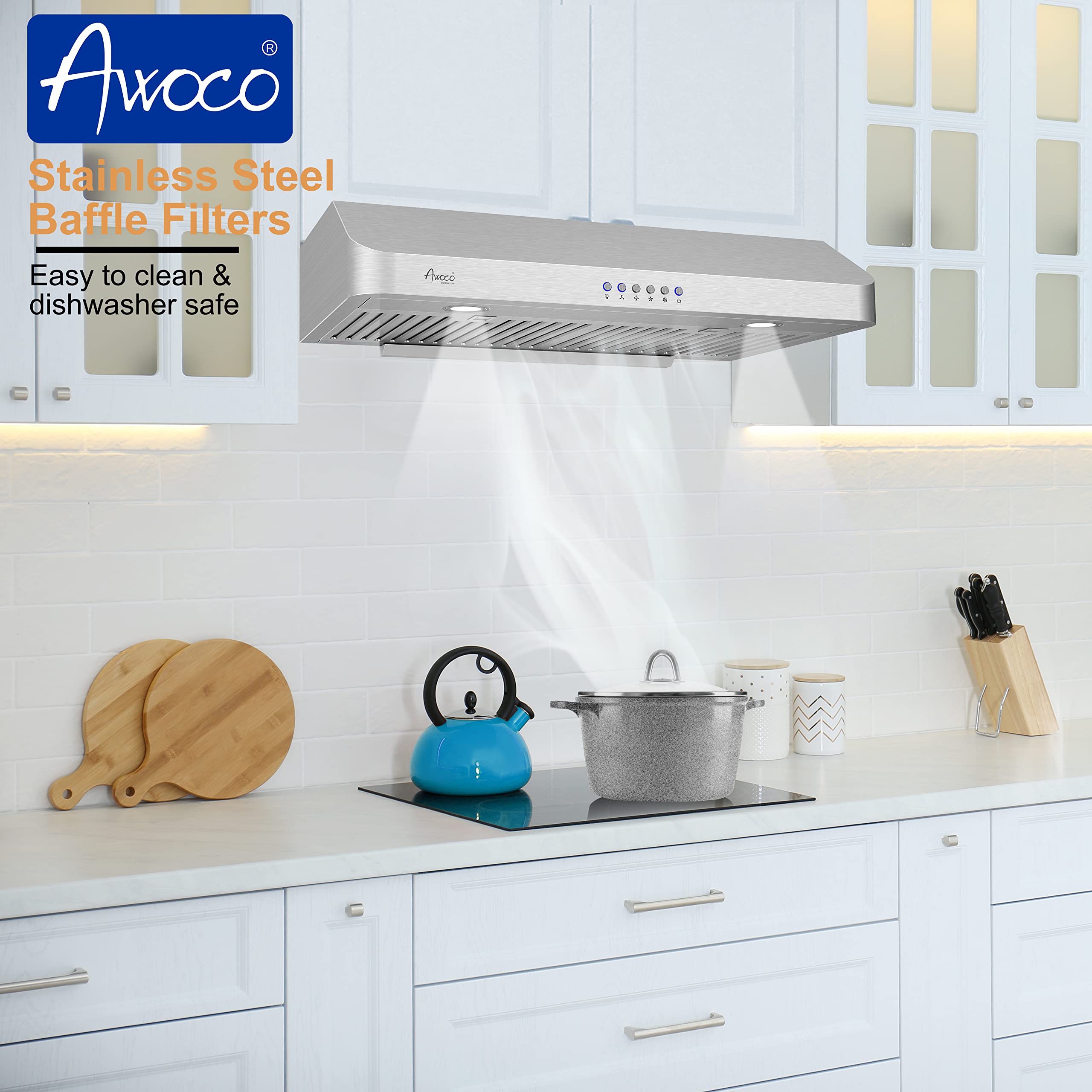 RH-C06 - Campana de acero inoxidable de 6 pulgadas y 4 velocidades para usar debajo del gabinete, 900 CFM, con luces, 30, 36 y 42 pulgadas 5