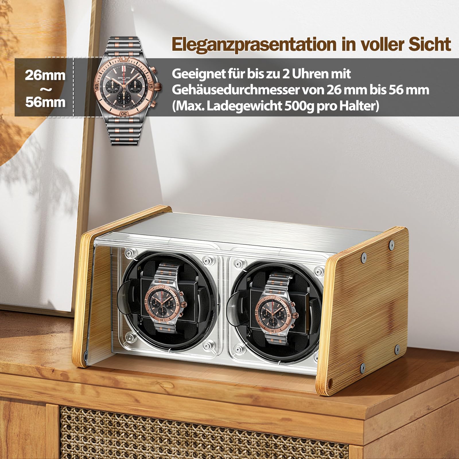 Watch Winder Smith Uhrenbeweger mit Mittelrotationsstoppfunktion – für 2 Uhren – geeignet für große Herren-Automatikuhren