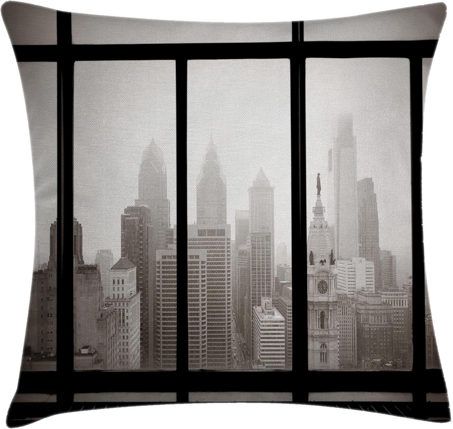 Ambesonne City Throw Pillow Cushion Cover, Philadelphia City Rooftop View Through Window Skyline Landmark Rooftop Travel, Decorative Square Accent Pillow Case, 40" X 40", Grey Black