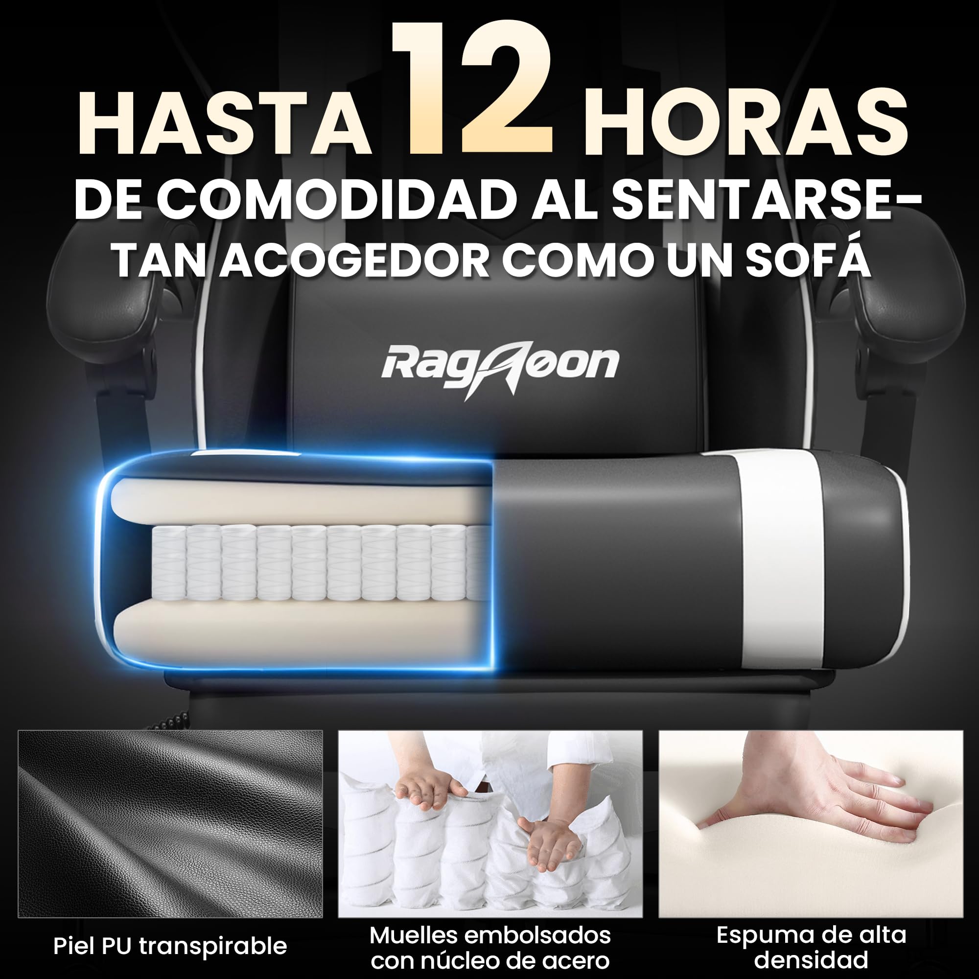 Silla de Gaming – Silla ergonómica para Gamer con reposapiés, reposacabezas y Soporte Lumbar, Altura Regulable, Acolchada, 150 kg, soporta hasta 150 kg, Color Negro