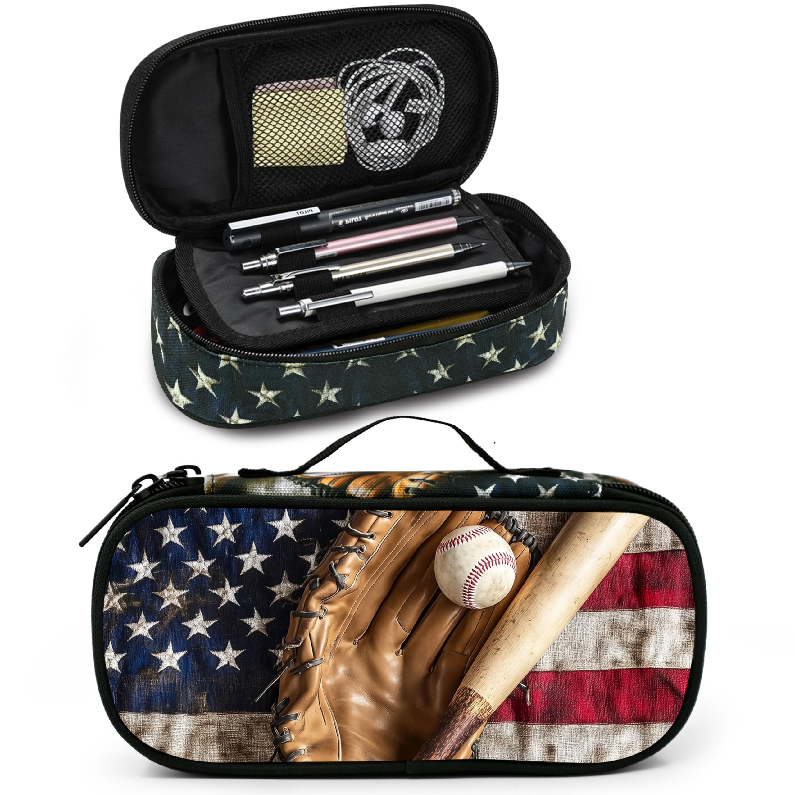 Droerfes Large Capacity Pencil Case for School, Office, Stationery for Girls, Boys, Teens and Kids, Baseball Flag, Talla única, Caricature