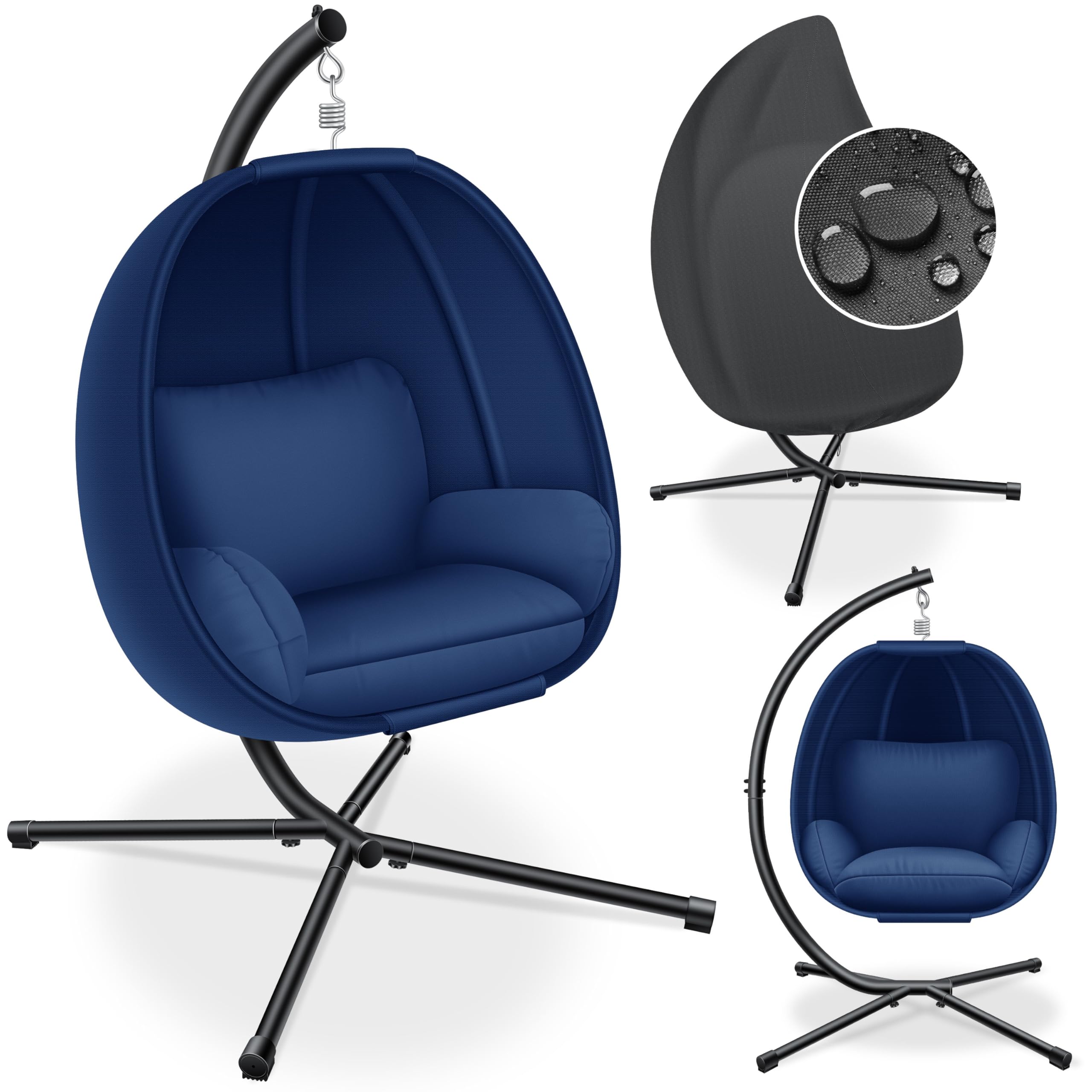 KESSER® Luxe Hängesessel mit Gestell + weiches Sitzkissen und Abdeckung, Seitenpolsterung, Rückenkissen Hängekorb Indoor & Outdoor, Garten Schaukel Hängestuhl Stabiler Standfuß, max. 150 kg Blau