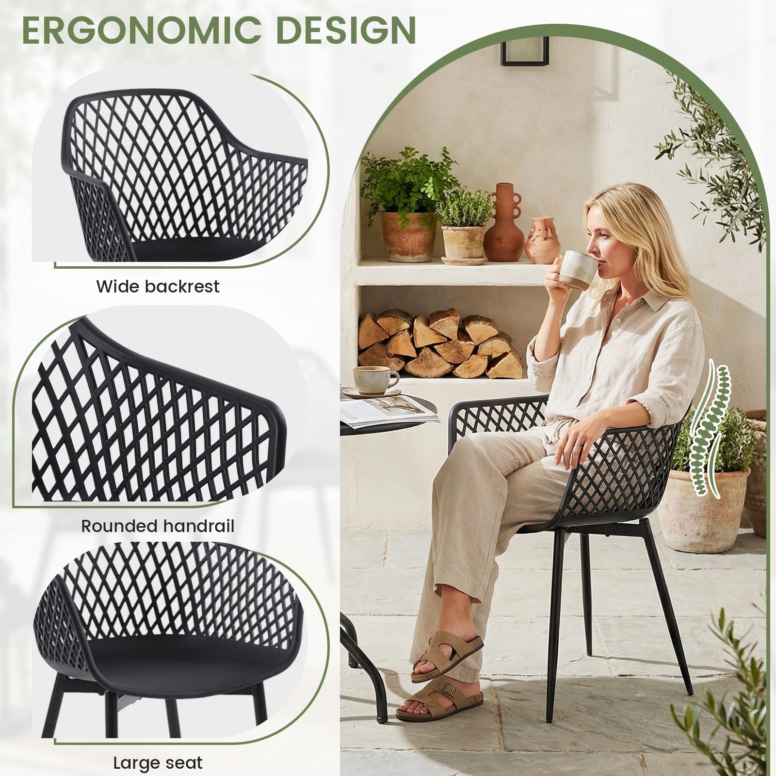 buybyroom Sillas Terraza Exterior, Juego de 6 Sillas Jardin Exterior con Reposabrazos, Patas de Metal y Respaldo de Plástico Ergonómico, para Jardín,Terraza,Balcón,Reuniones,Salón,Comedor,Negras