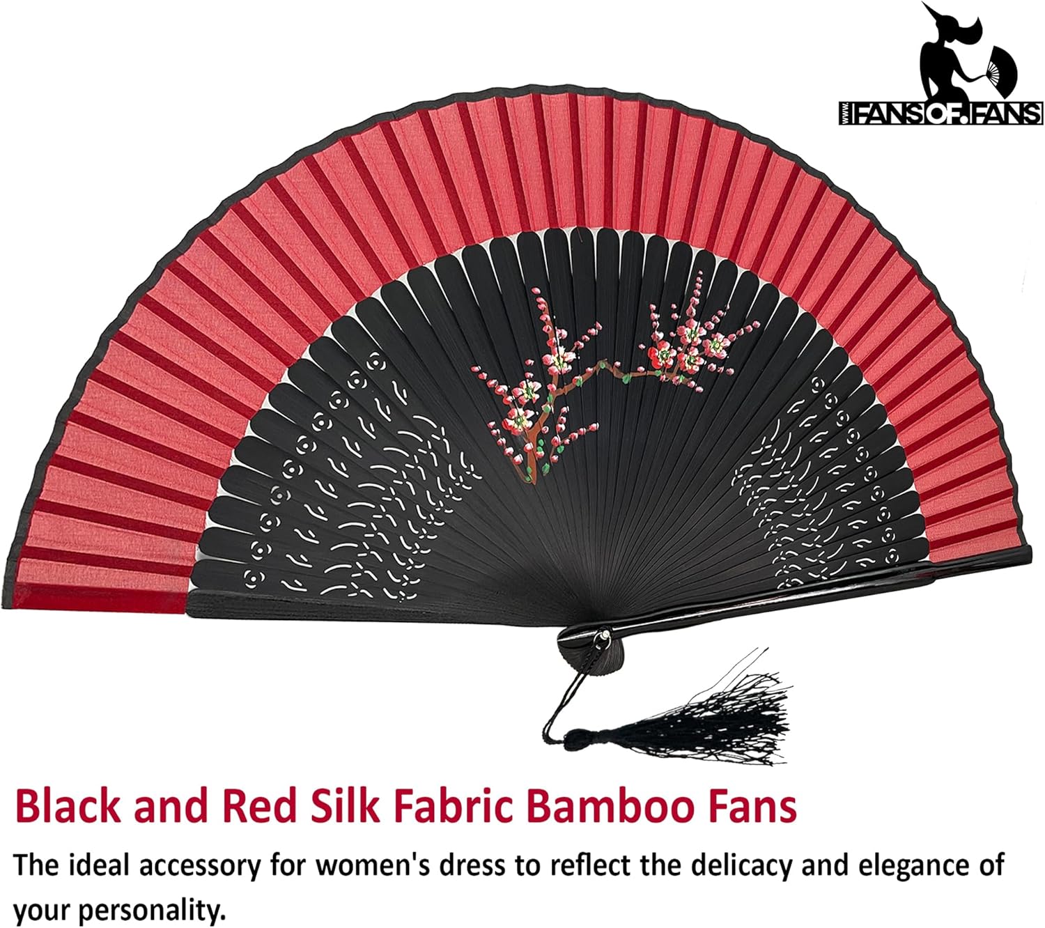 FANSOF.FANS Floral Red and Black Chinese Japanese Silk Fabric Handheld Folding Hand Fan with Pouch and Box Grade A Bamboo Ribs for Women Girls Dance Event Birthday Wedding Favor (Style 06)