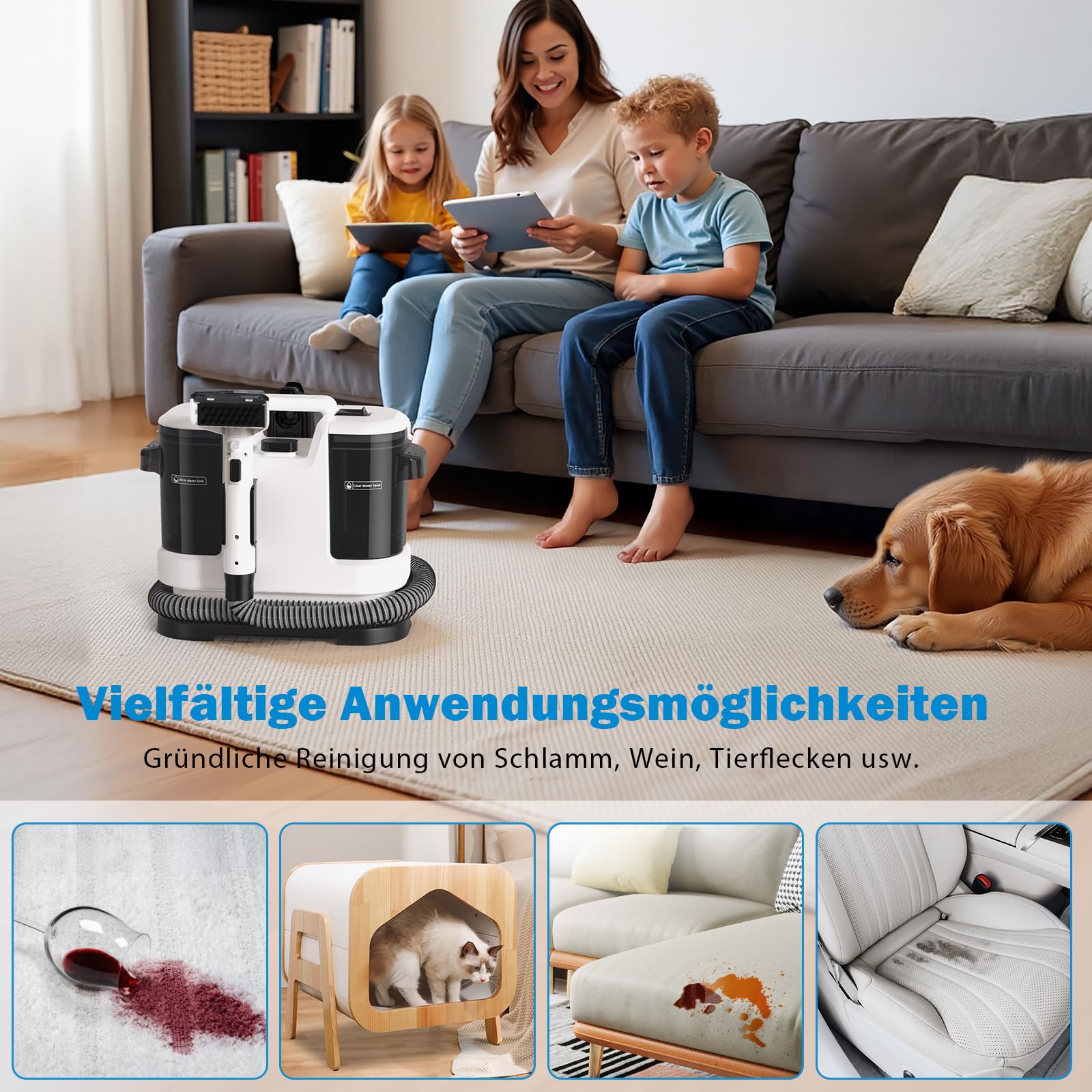 Lubluelu Nasssauger Polsterreiniger Gerät, 550 W - 14 kPa Teppichreiniger Waschsauger, tragbares Teppich-Reinigungsgerät mit Selbstreinigung und langem Schlauch für Teppiche, Sofas & Auto-Innenräume