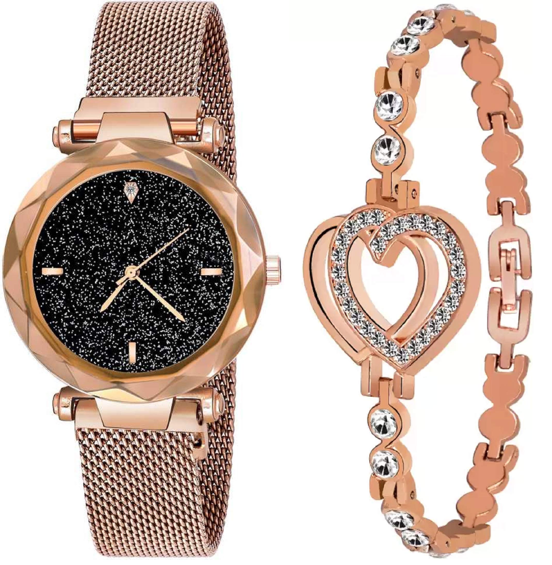 ZUPERIA Diamond Studded Black Dial Magnet Chain & Heart Bracelet Combo for Girls & Womens Watch (Set of 2) (Rose Gold Two Hearts) (B08W5DC6QV) Amazon Price History, Amazon Price Tracker