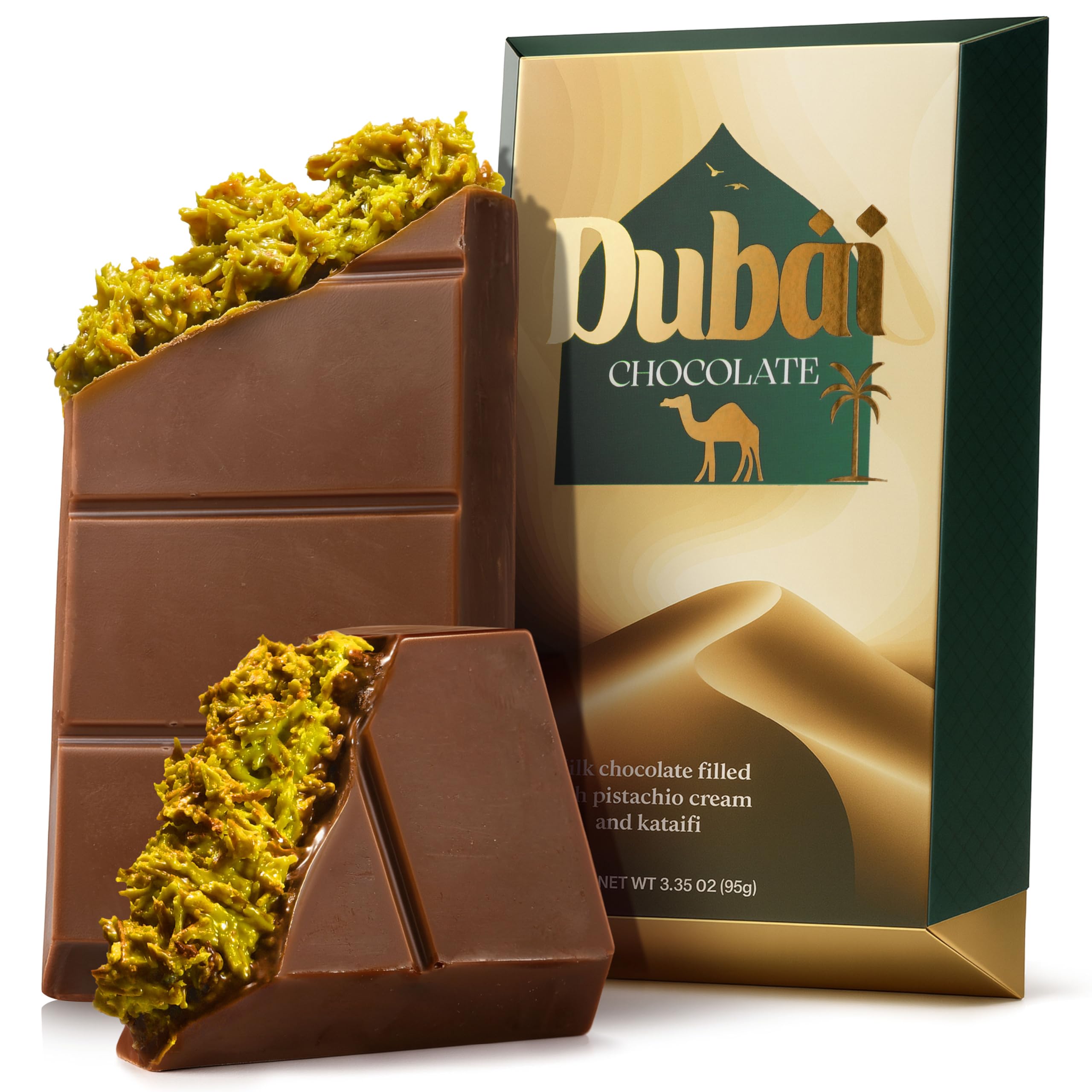 Dubai Chocolate Bar Pistachio Deluxe – 3.35 oz Milk Chocolate Bar with Pistachio & Kataifi Filling – Inspired by Dubai’s Iconic Knafeh Dessert – Gourmet Middle Eastern Treat