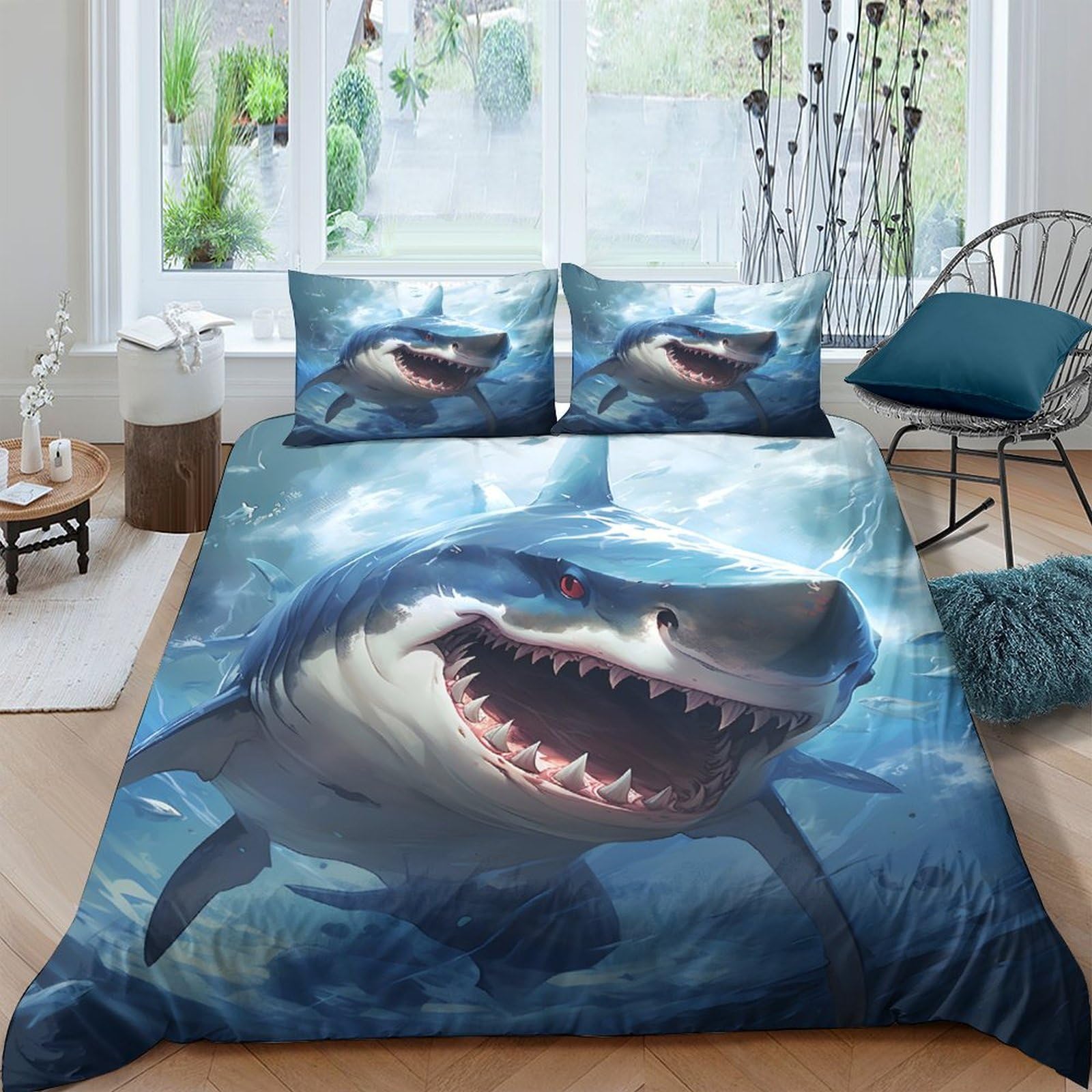 GPLZQXKJNH 3D Printed Shark Ocean Duvet Cover Set Microfiber Soft Breathable Marine Bedding with 2 Pillowcases for Bedroom Home Decor Single（135x200cm）