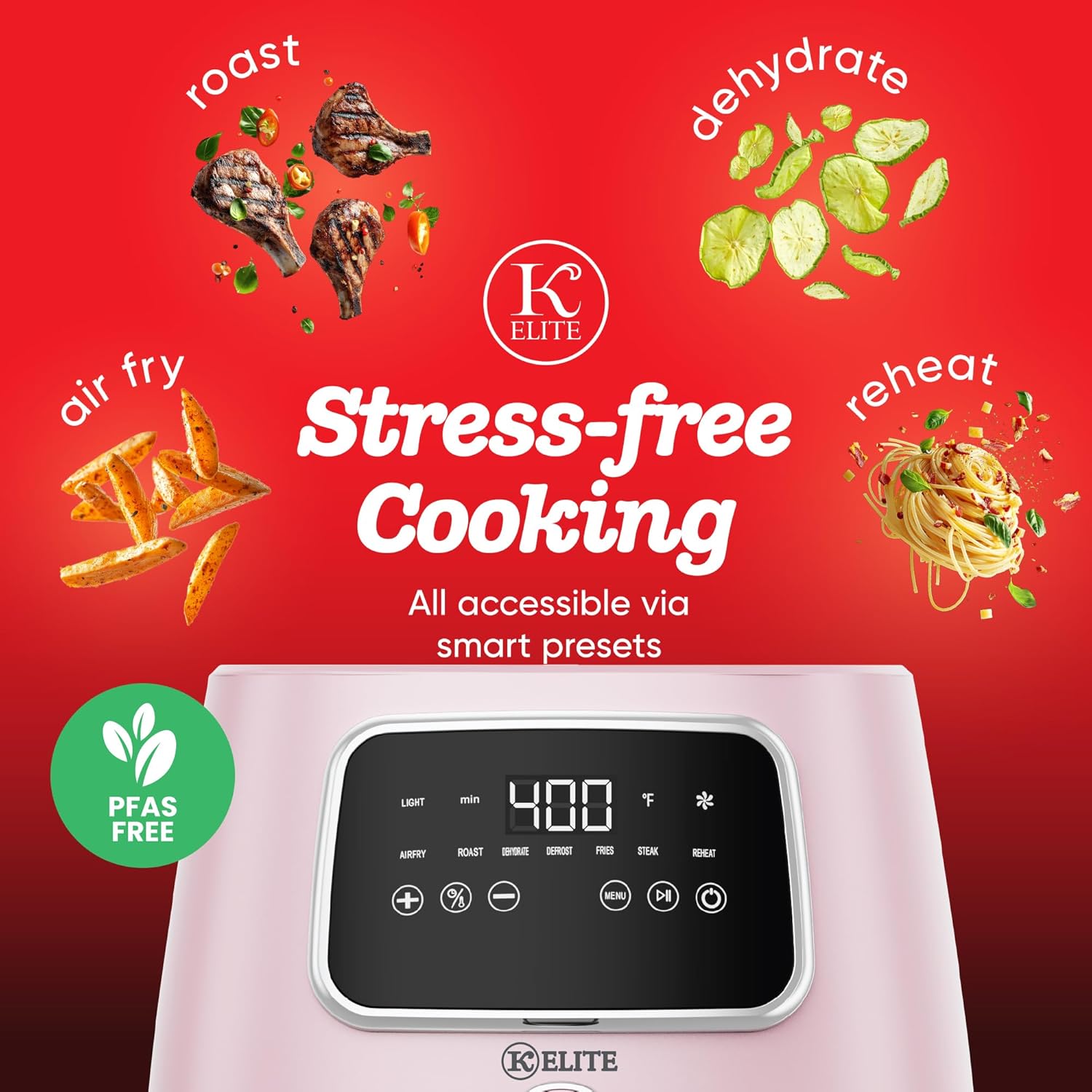Kitchen Elite 5.5 Qt. Digital Air Fryer, Countertop Cooker with LED Screen, Presets for Air Fry, Roast, Dehydrate, Defrost and Reheat, Pink