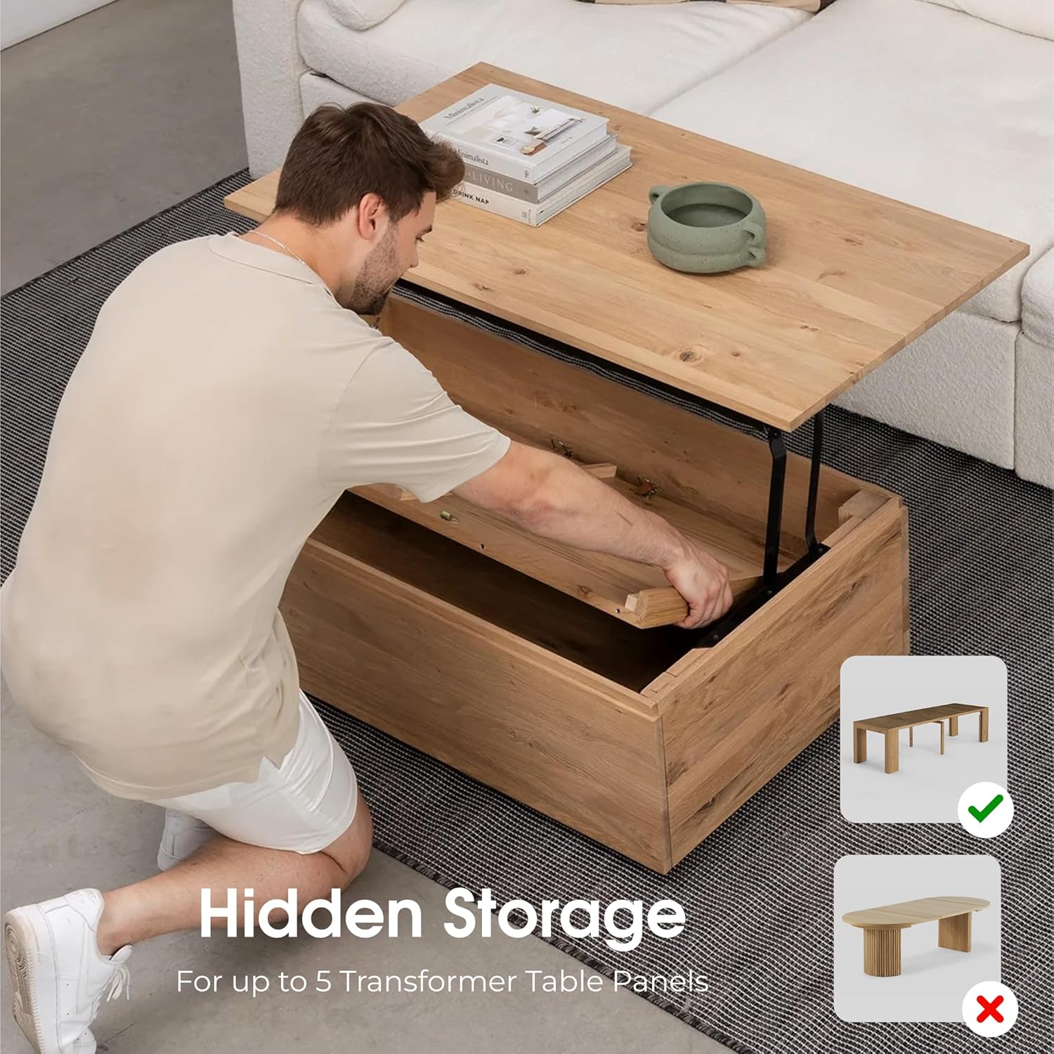 Transformer Table - Lift Top Coffee Table with Storage, Modern Coffee Table for Living Room, Work & Dining, Space-Saving Small Coffee Desk with Hidden Storage, Natural