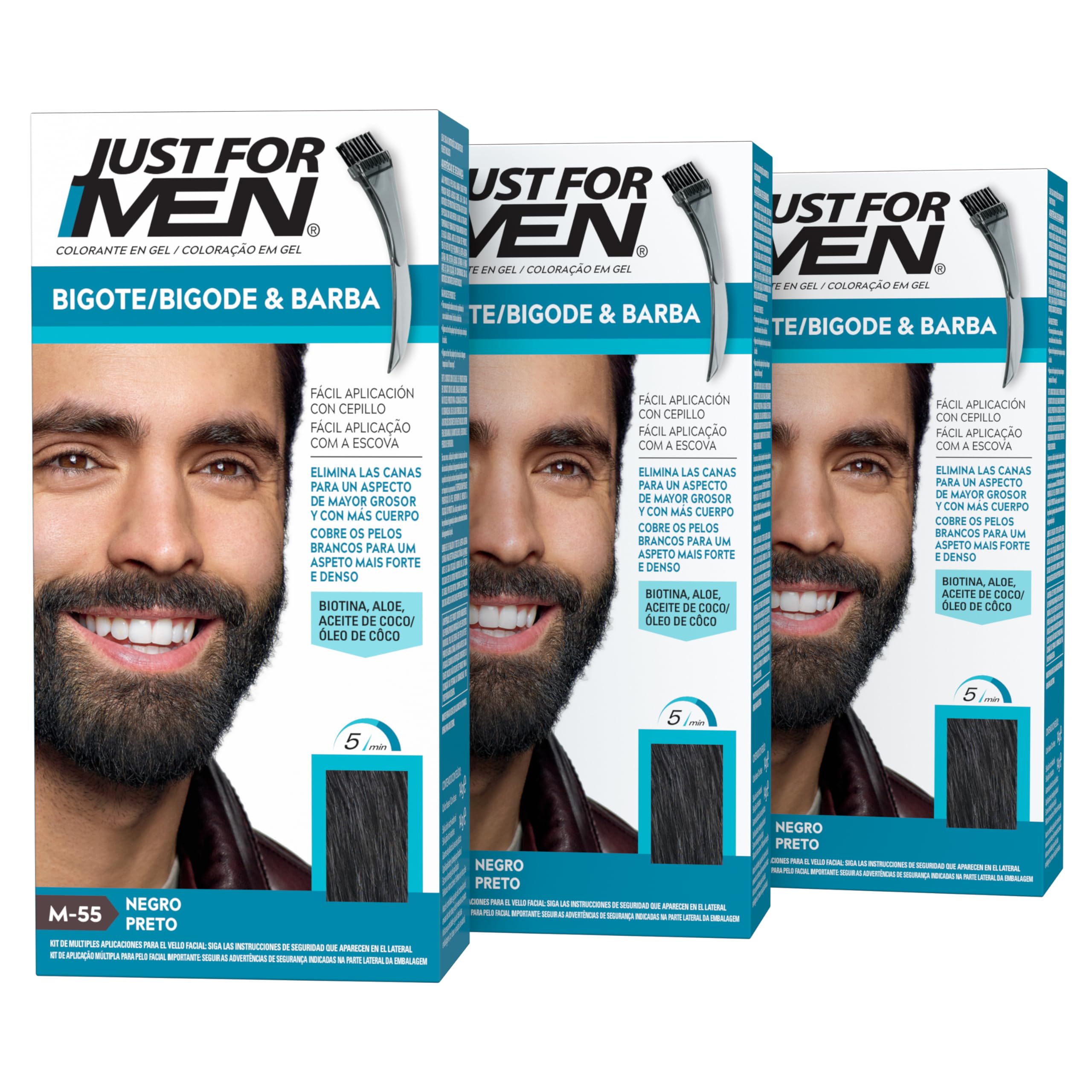 Just For Men Tintura Baffi E Barba, Rimuove I Capelli Grigi Per Un Aspetto Più Spesso E Pieno, Con Pennello Applicatore Incluso, Colore Nero, M55 (3 Pack)