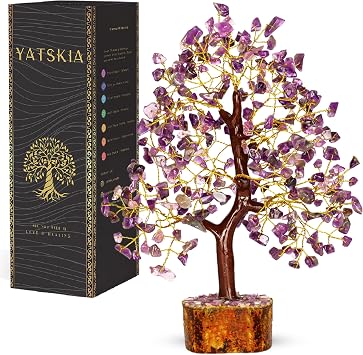 YATSKIA Amethyst Crystal Tree of Life Pendant Seven Chakra Onyx Jewelry Reiki Energy Healing Stones Feng Shui Wire Bonsai Good Luck Fortune Gifts for Home Office Interior Wall Decor Buddha Gems
