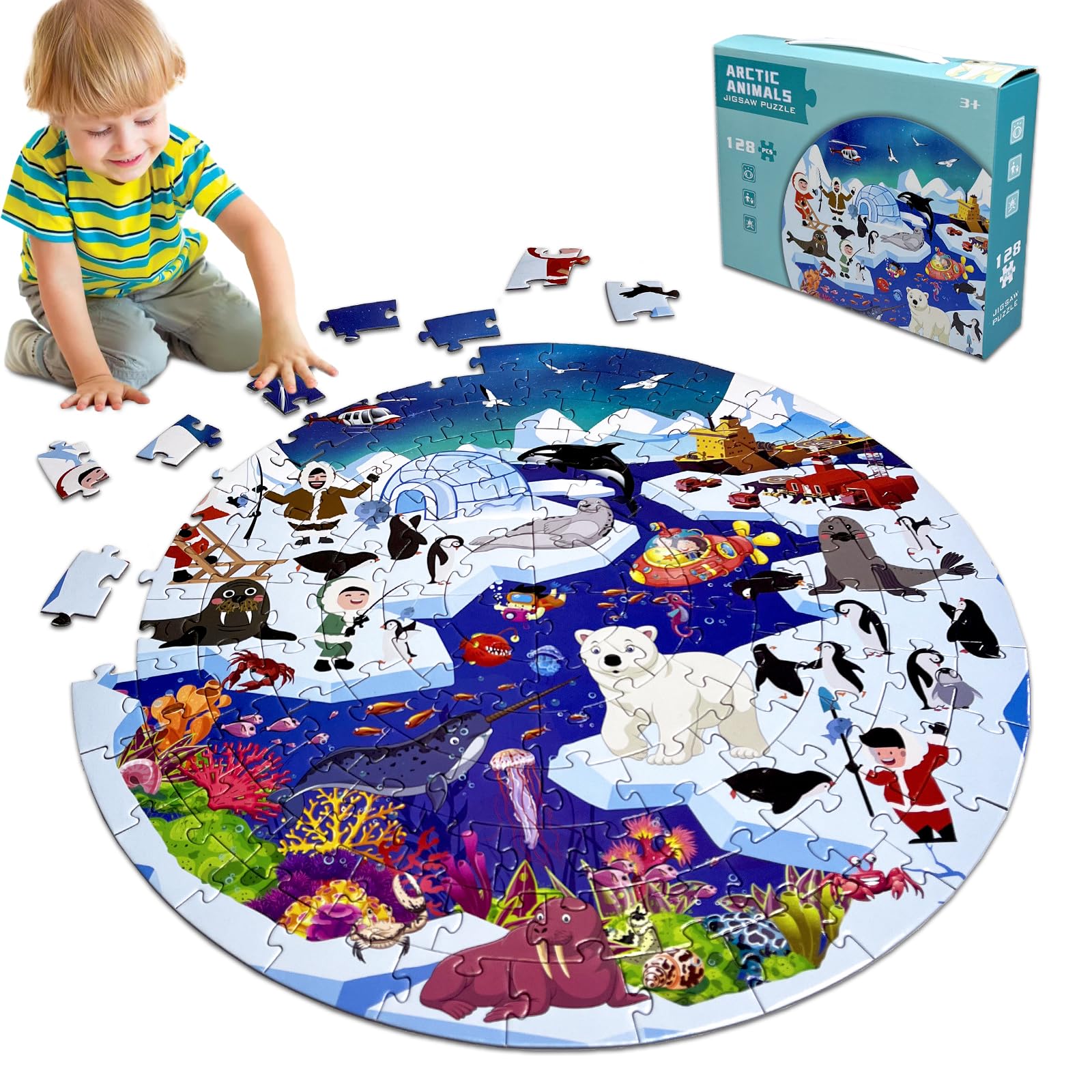 Kulveanju Kinder Puzzle ab 4 5 6 Jahre, 128 Teile Gletscherwelt Bodenpuzzle, Große Kinderpuzzle Spielzeug Kreisförmig, Puzzle für Jungen und Mädchen 3-7 Jährige Geschenk, 42x42 cm